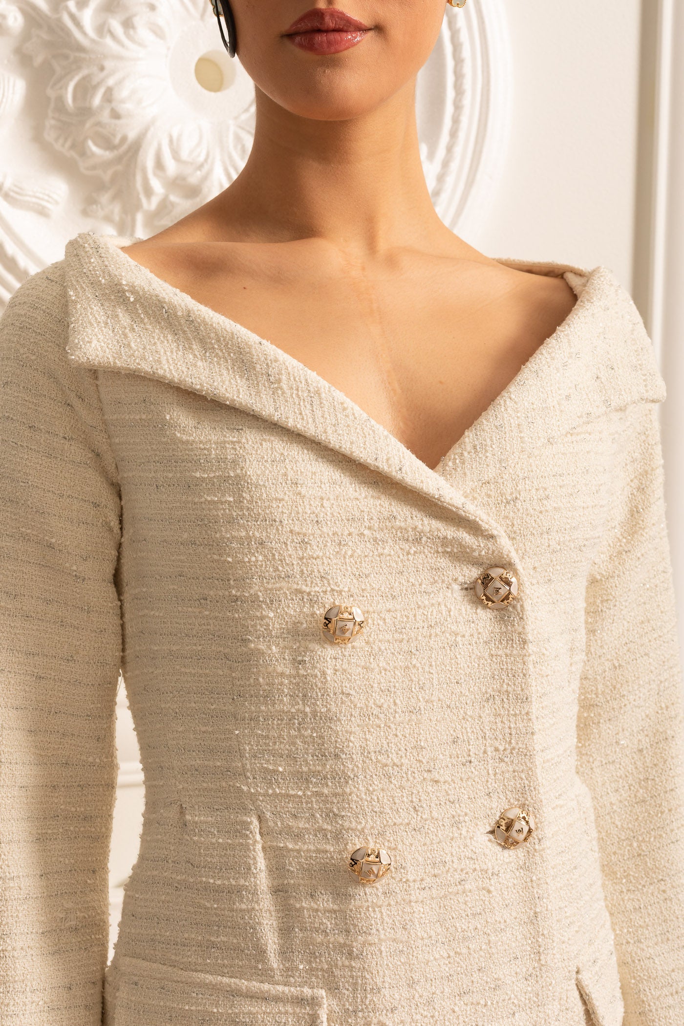 Double-Breasted Textured Dress With Decorative Gold Buttons - Beige