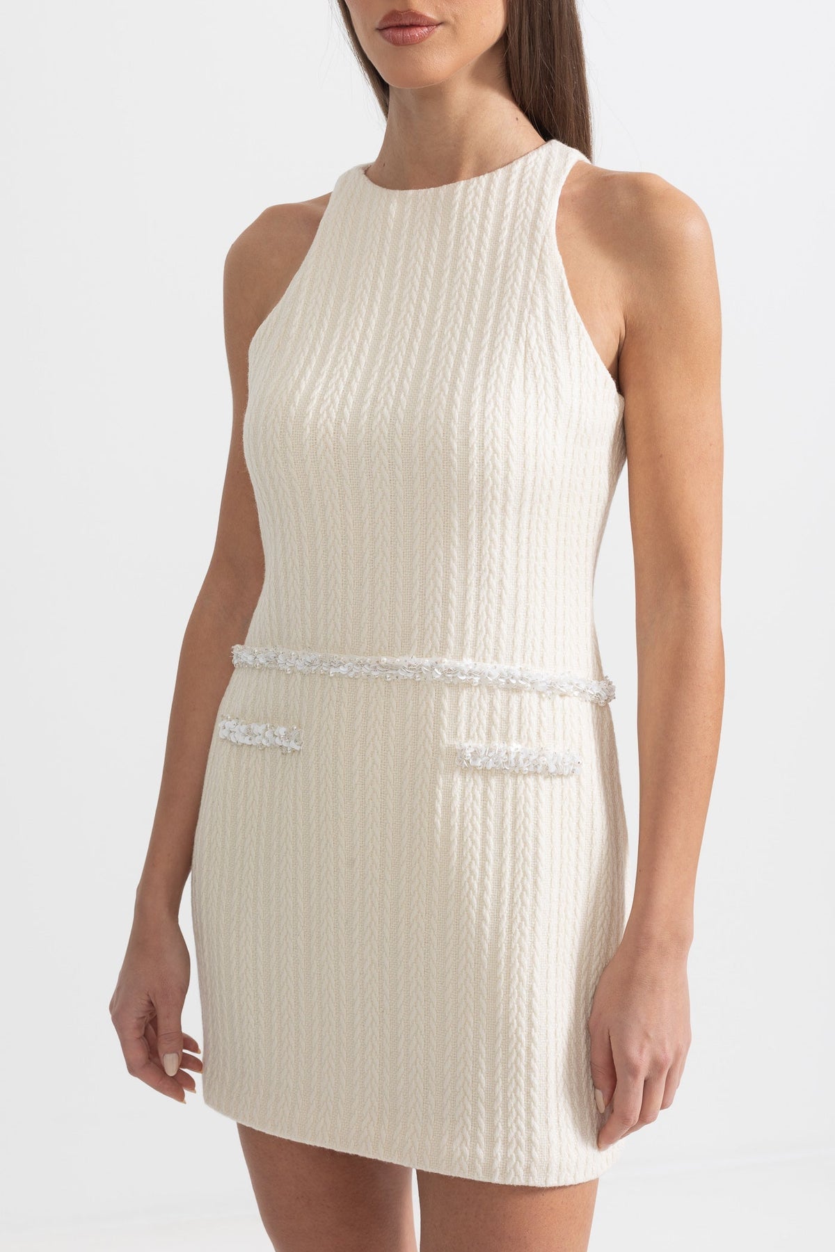 Elegant Sleeveless Textured Mini Dress- Ivoire