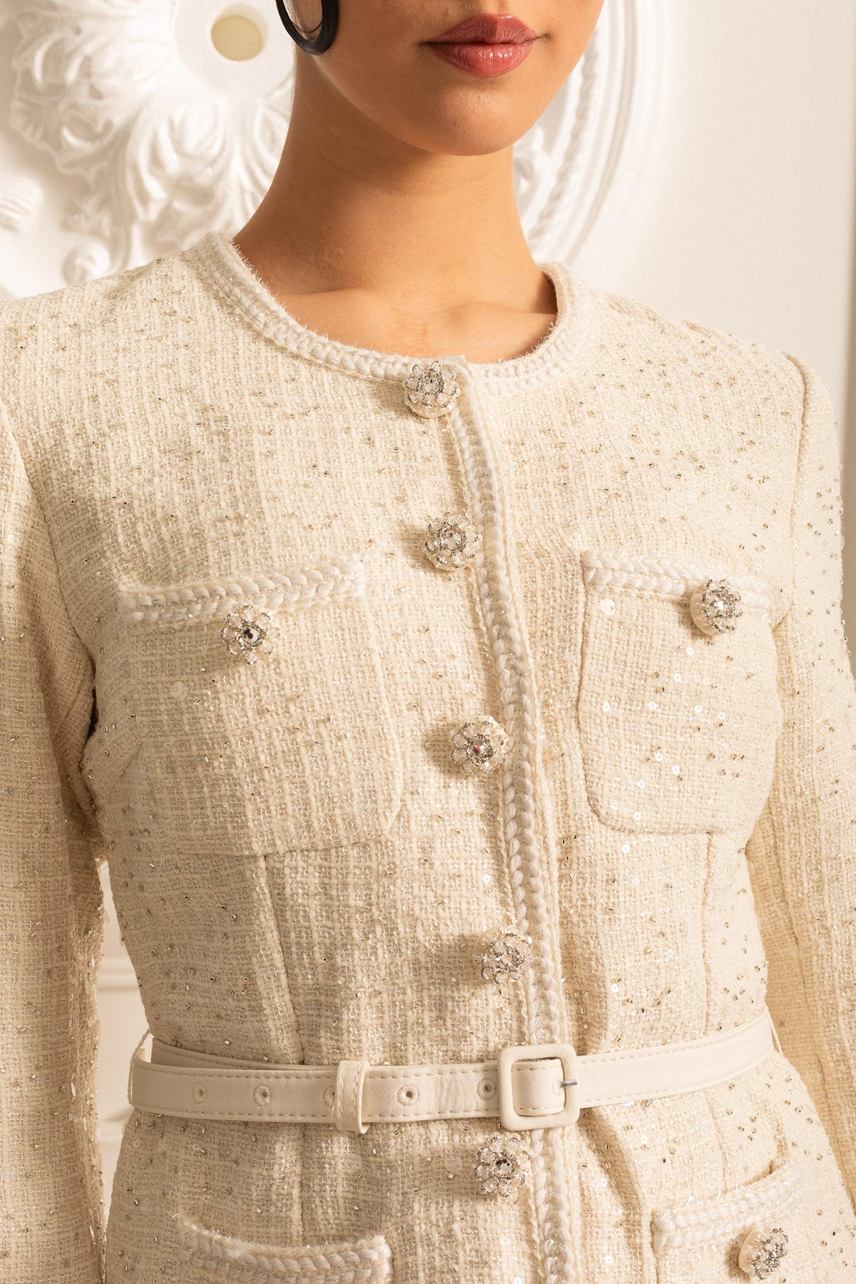 Textured Mini Dress With Pockets And Sheer Pleated Skirt - Beige