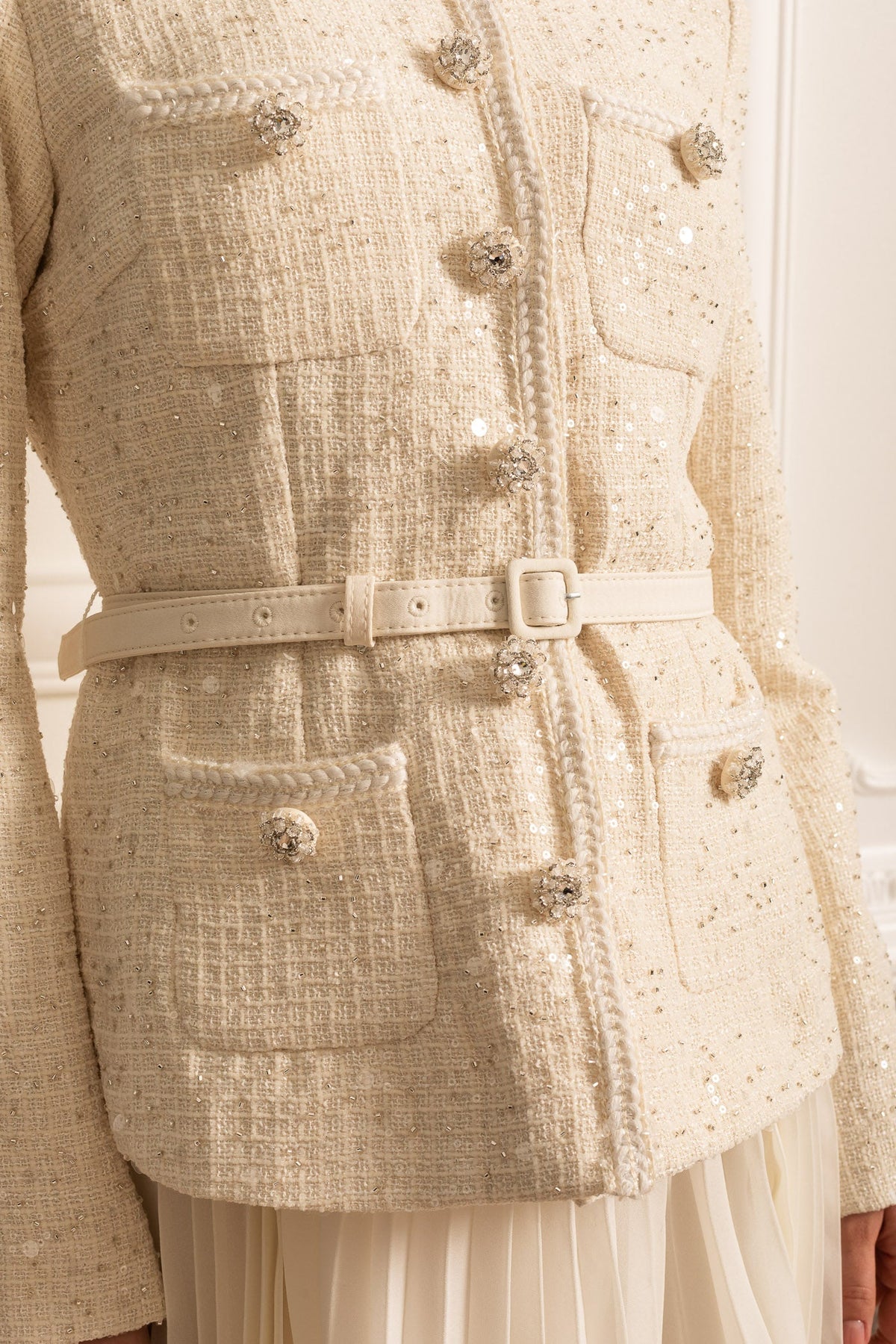 Textured Mini Dress With Pockets And Sheer Pleated Skirt - Beige