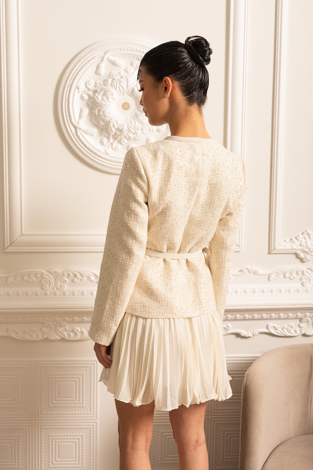 Textured Mini Dress With Pockets And Sheer Pleated Skirt - Beige