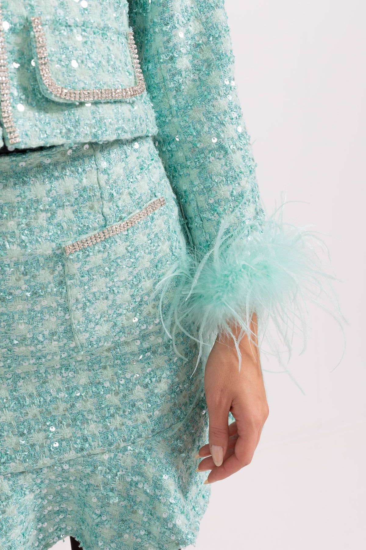 TIFFANY SPARKLING FEATHER EMBELLISHED SKIRT & VEST 2 PIECE CO-ORD - TIFFANY BLUE