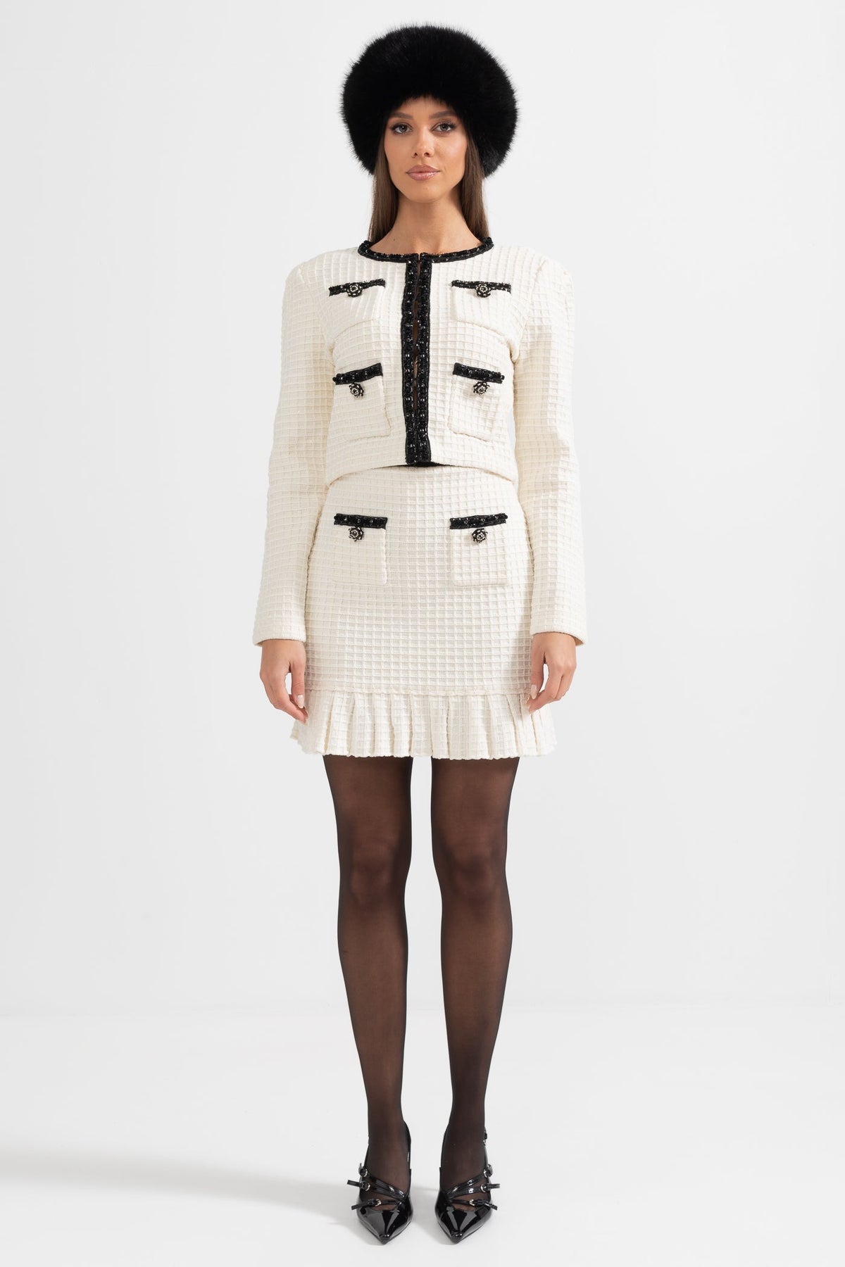 Apollonia Ivoire Tweed Co-Ord Set With Black Details