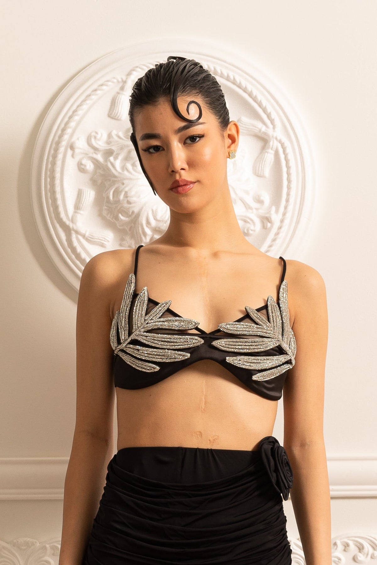 Satin Bra With Decorative Sparkling Leaves Embellishments - Black
