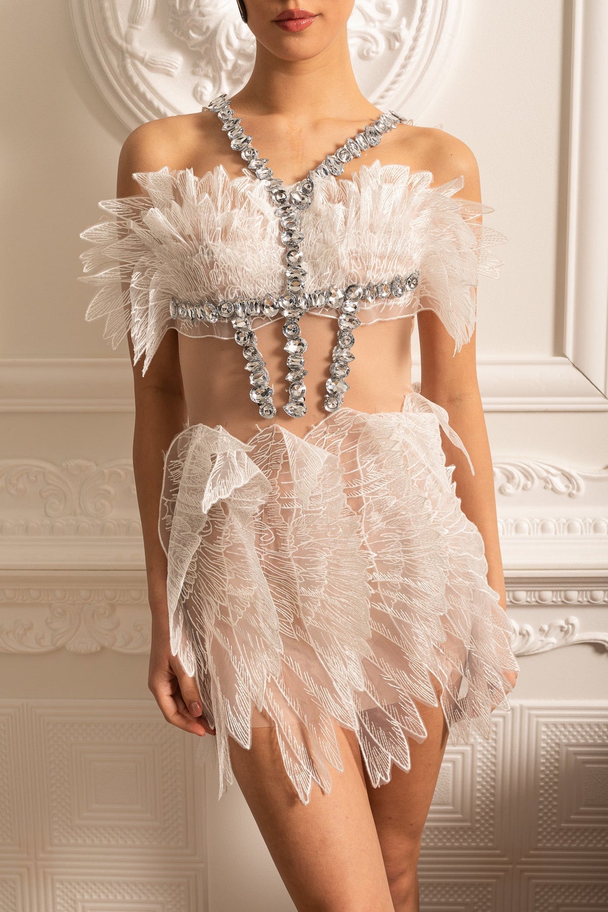 Ethereal Mini Dress With Sheer Wings Texture And Crystal Embellishments - White