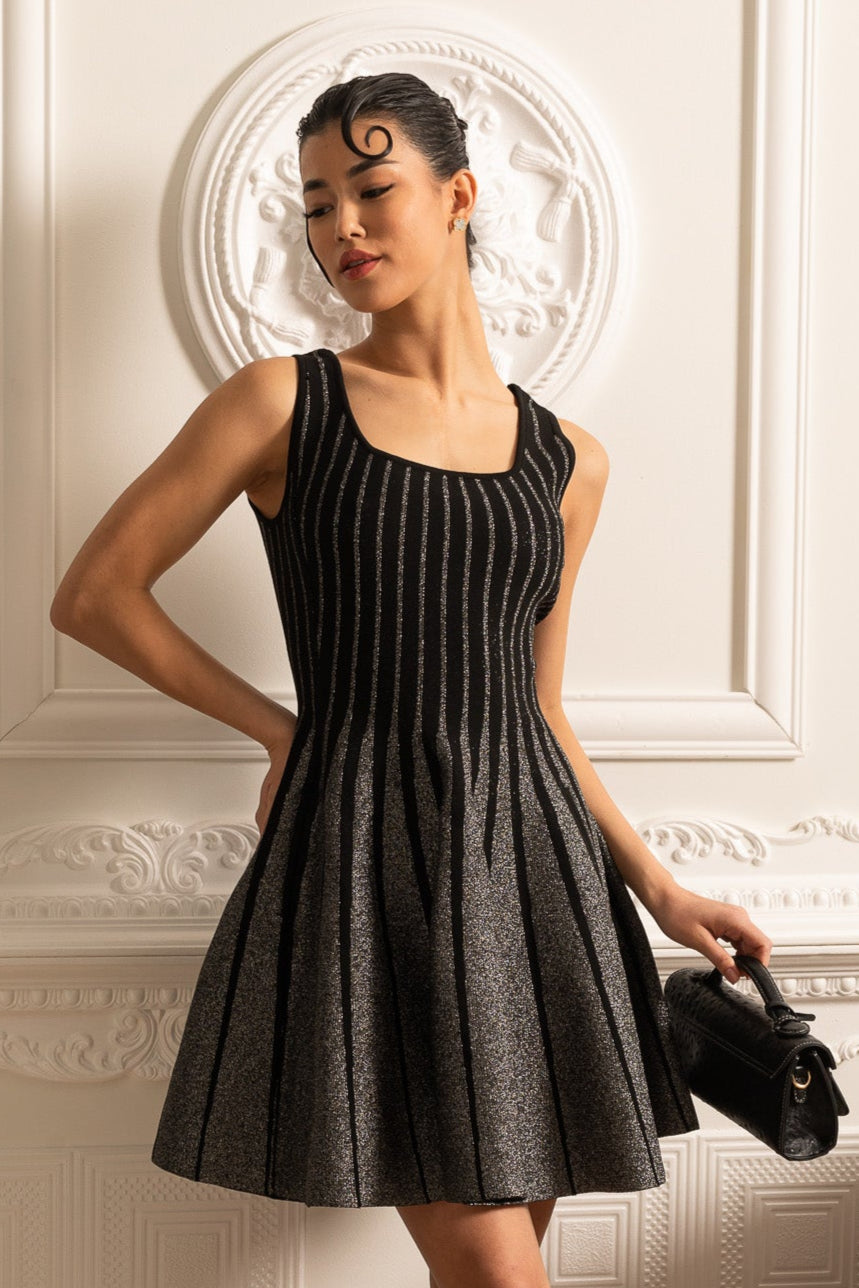 Elegant Mini Dress With Shimmering Silver Vertical Stripes - Black