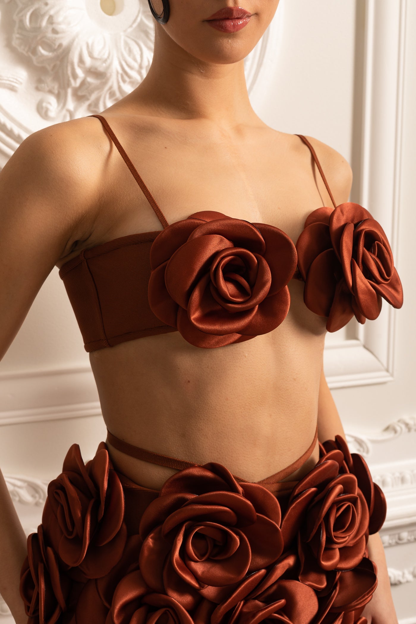 Elegant Satin Co-Ord Set With 3D Floral Embellishments - Brown