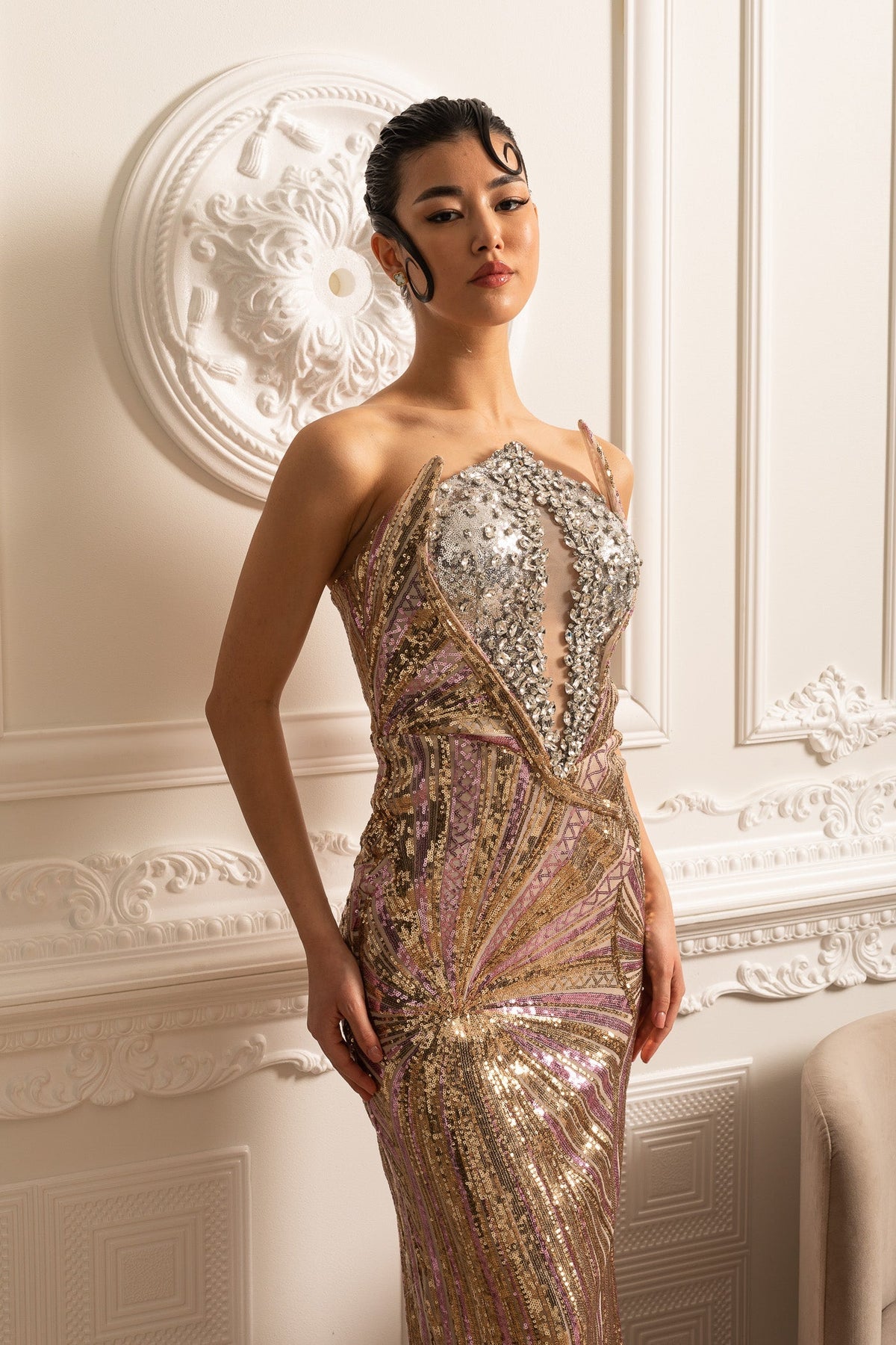 Sequin Embellished Gown With Silver Chest Piece - Gold
