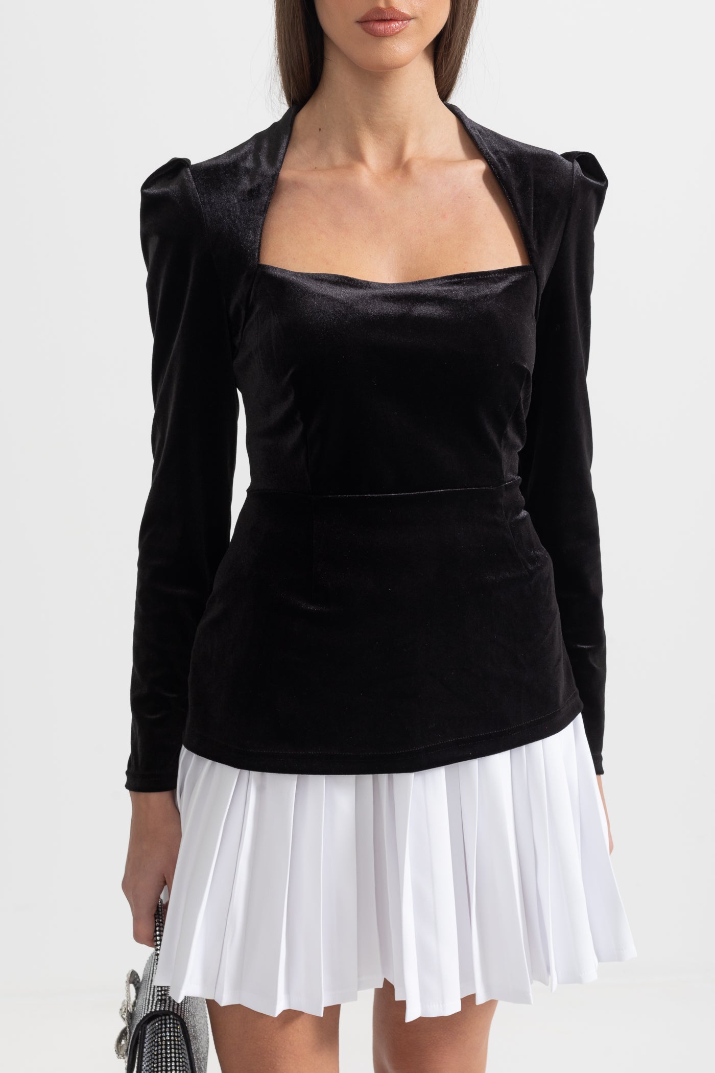Two-Piece Velvet Ensemble With Contrasting Pleated Skirt - Black
