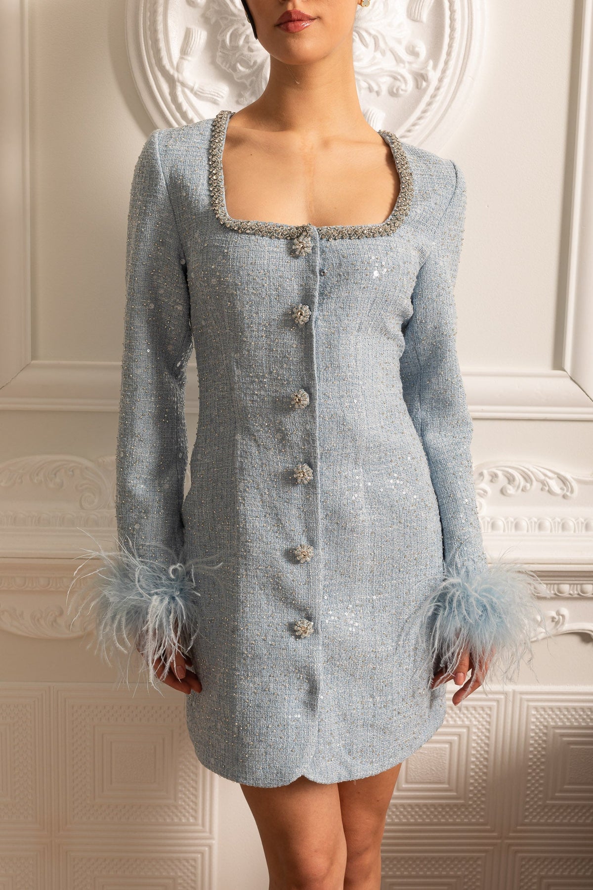 Textured Mini Dress With Feathered Cuffs And Square Neckline - Blue