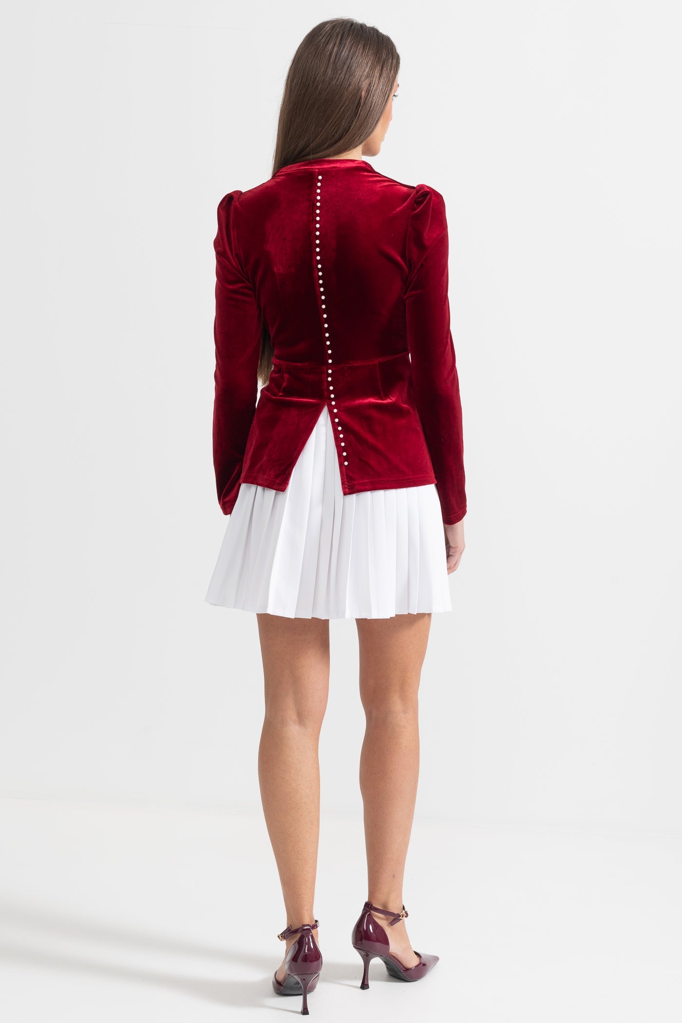 Two-Piece Velvet Ensemble With Contrasting Pleated Skirt - Red