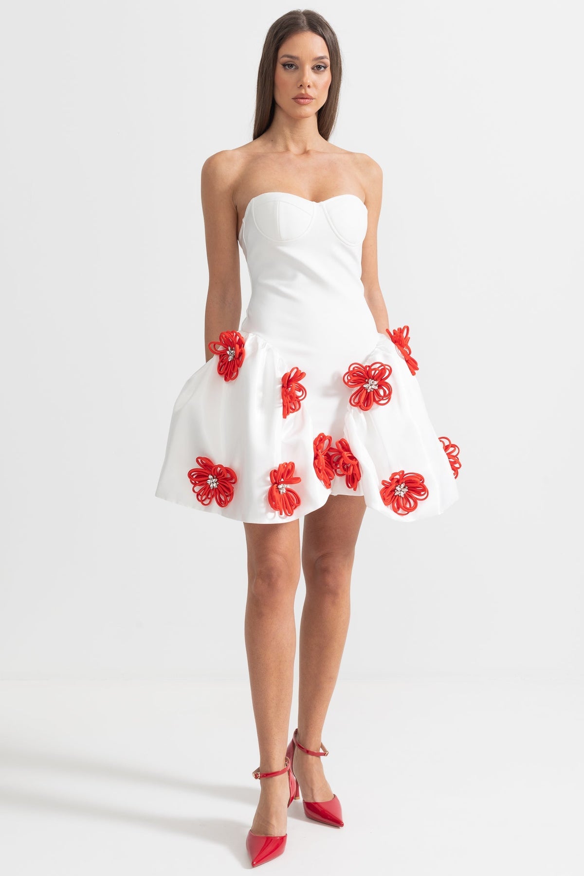 Elegant Mini Dress With 3D Silver Flower Embellishments - White