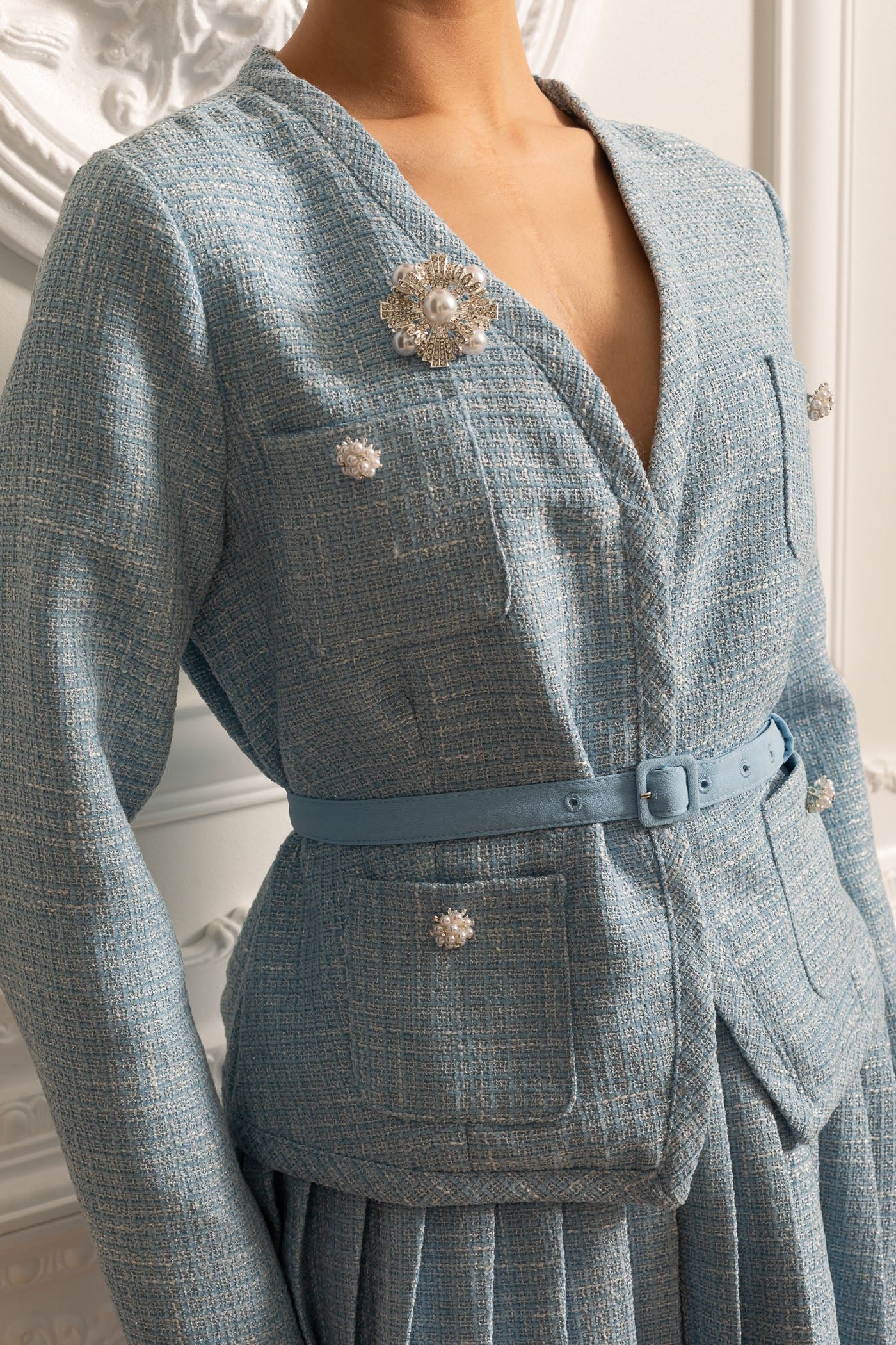 Textured Co-Ord Set With Long Sleeved Top And Matching Pleated Mini Skirt - Blue