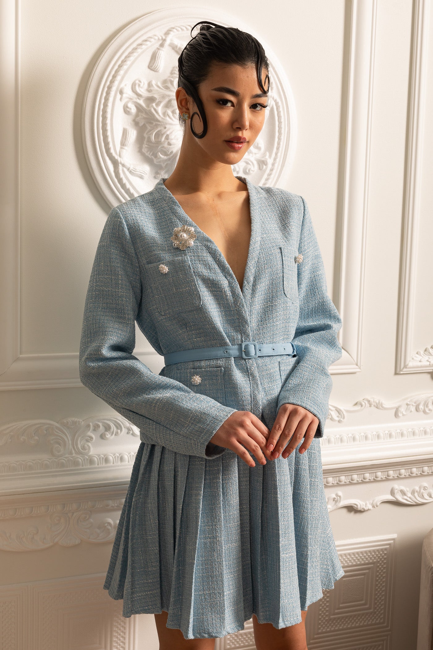 Textured Co-Ord Set With Long Sleeved Top And Matching Pleated Mini Skirt - Blue