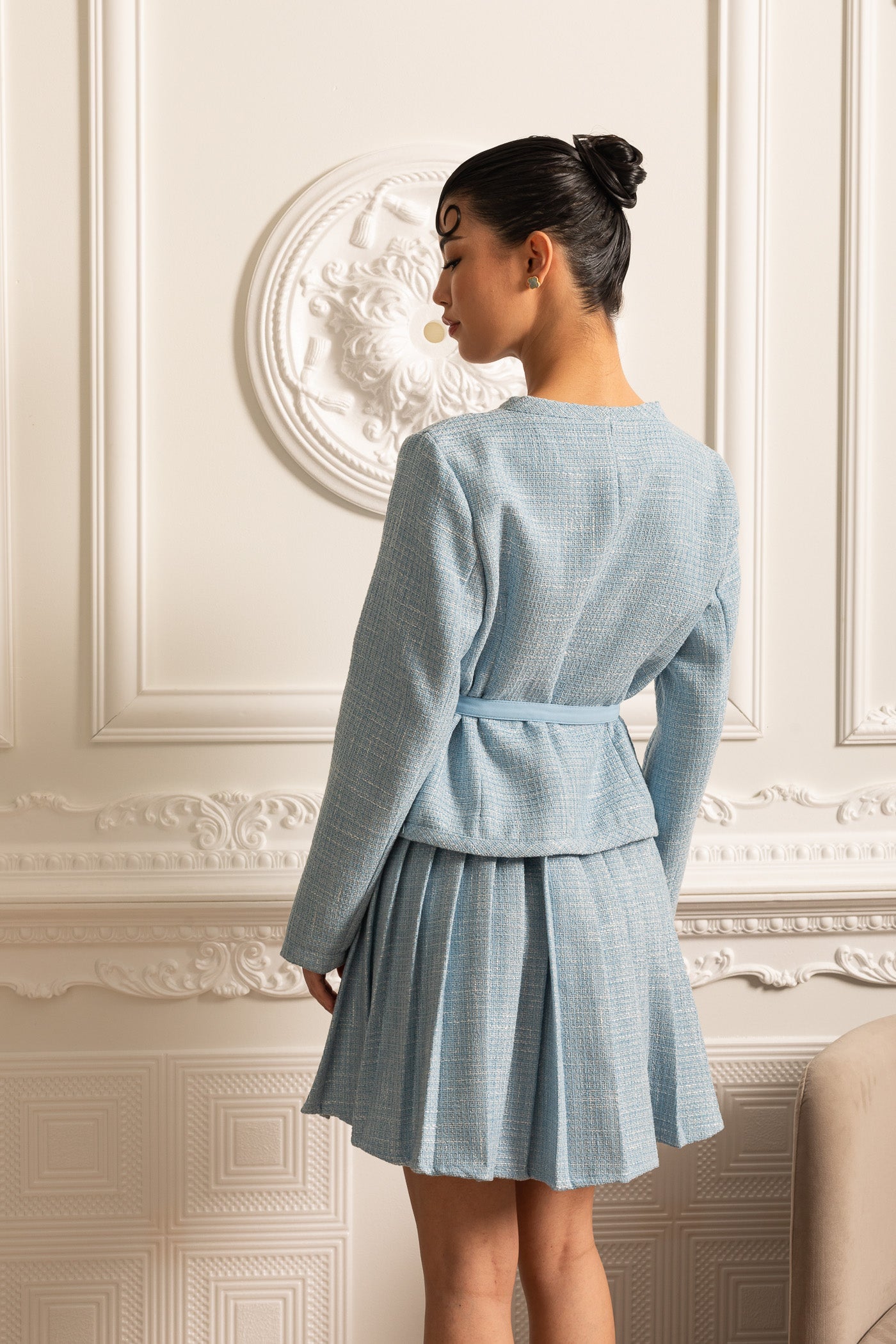 Textured Co-Ord Set With Long Sleeved Top And Matching Pleated Mini Skirt - Blue