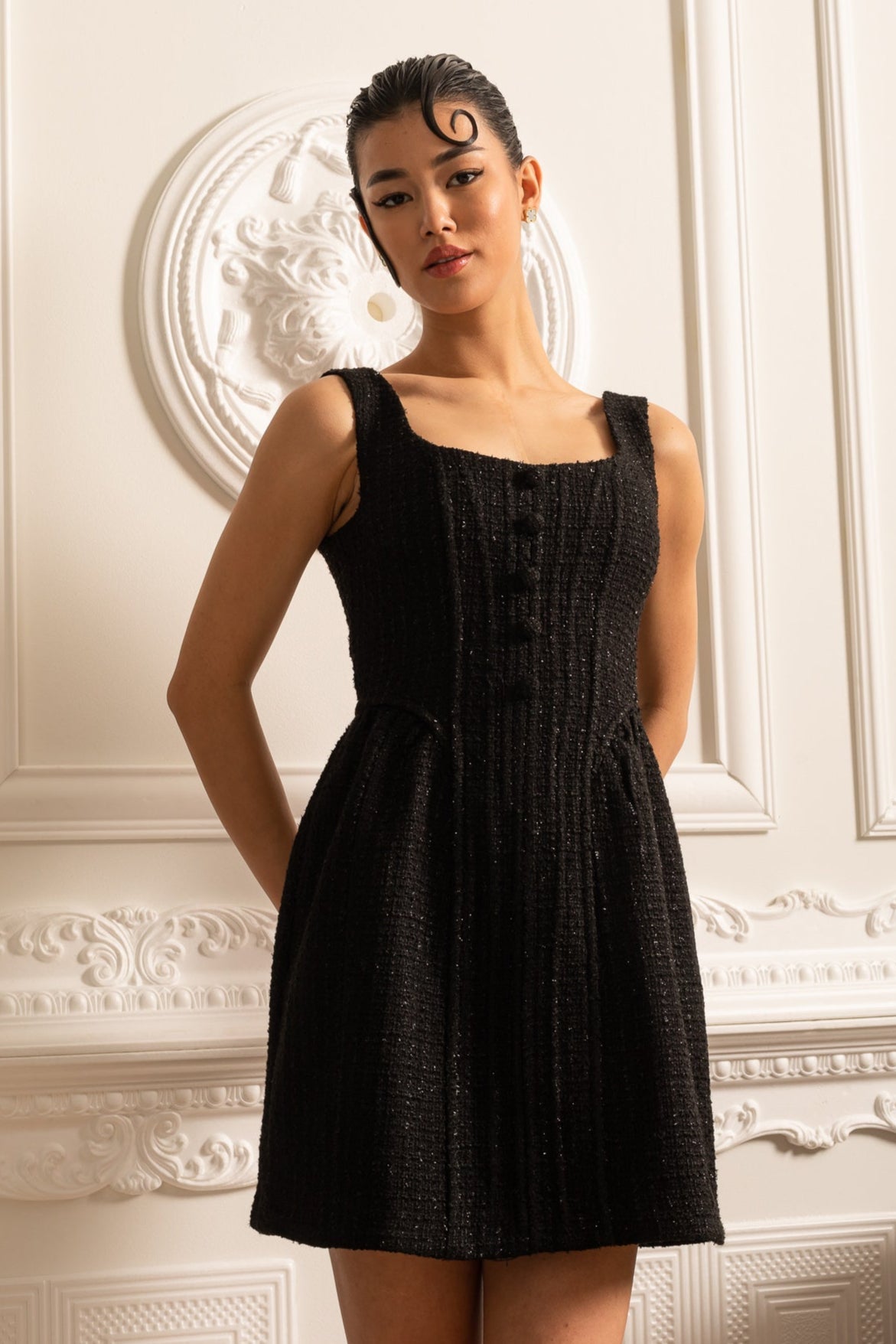 Textured Sleeveless Mini Dress With Fitted Bodice - Black