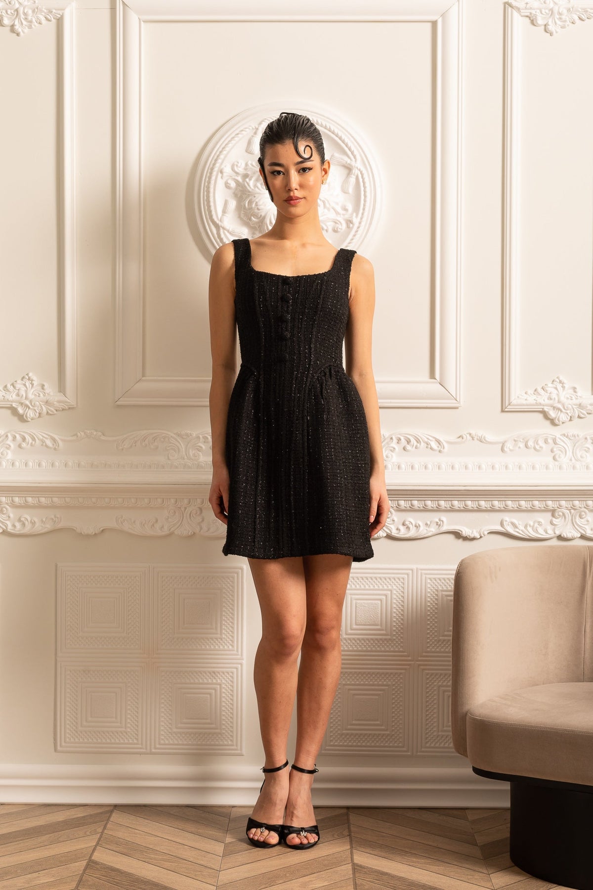 Textured Sleeveless Mini Dress With Fitted Bodice - Black