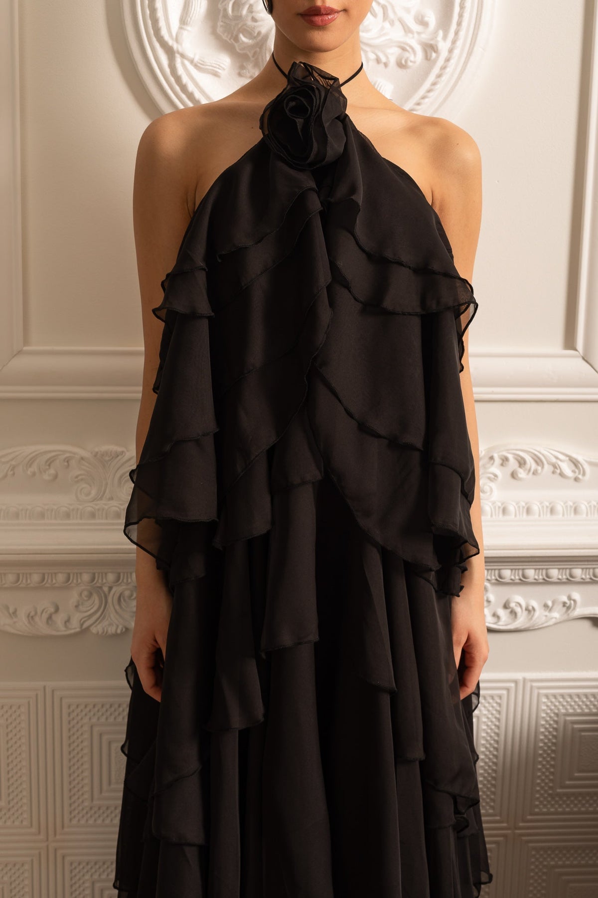 Layered Ruffle Halter Dress With Decorative Neckline Flower - Black