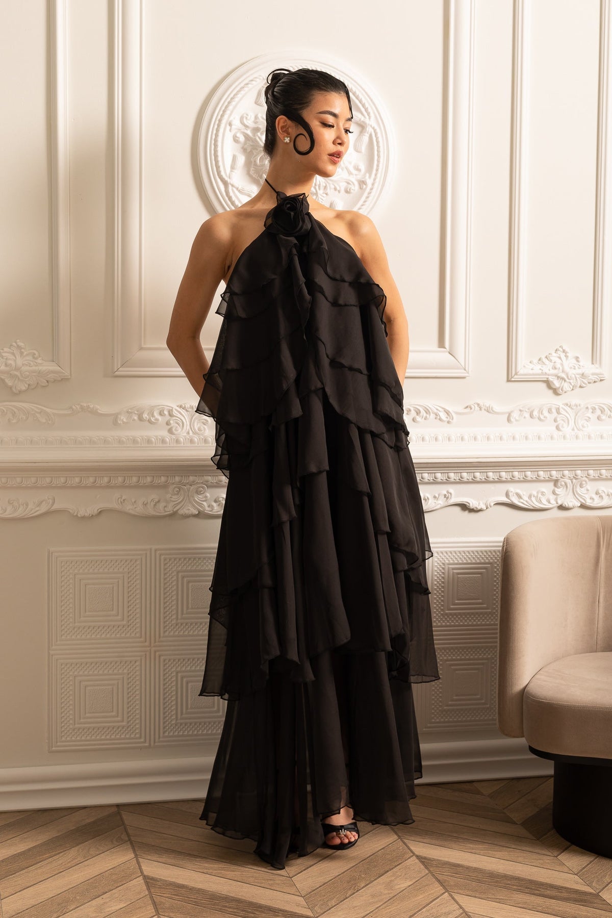 Layered Ruffle Halter Dress With Decorative Neckline Flower - Black