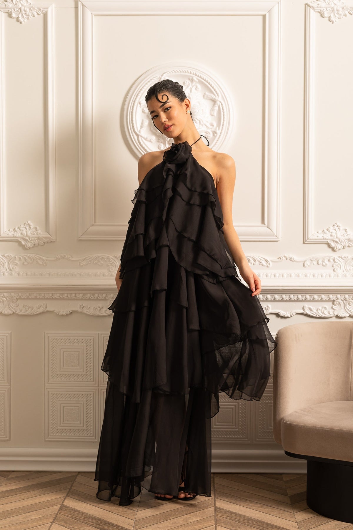 Layered Ruffle Halter Dress With Decorative Neckline Flower - Black