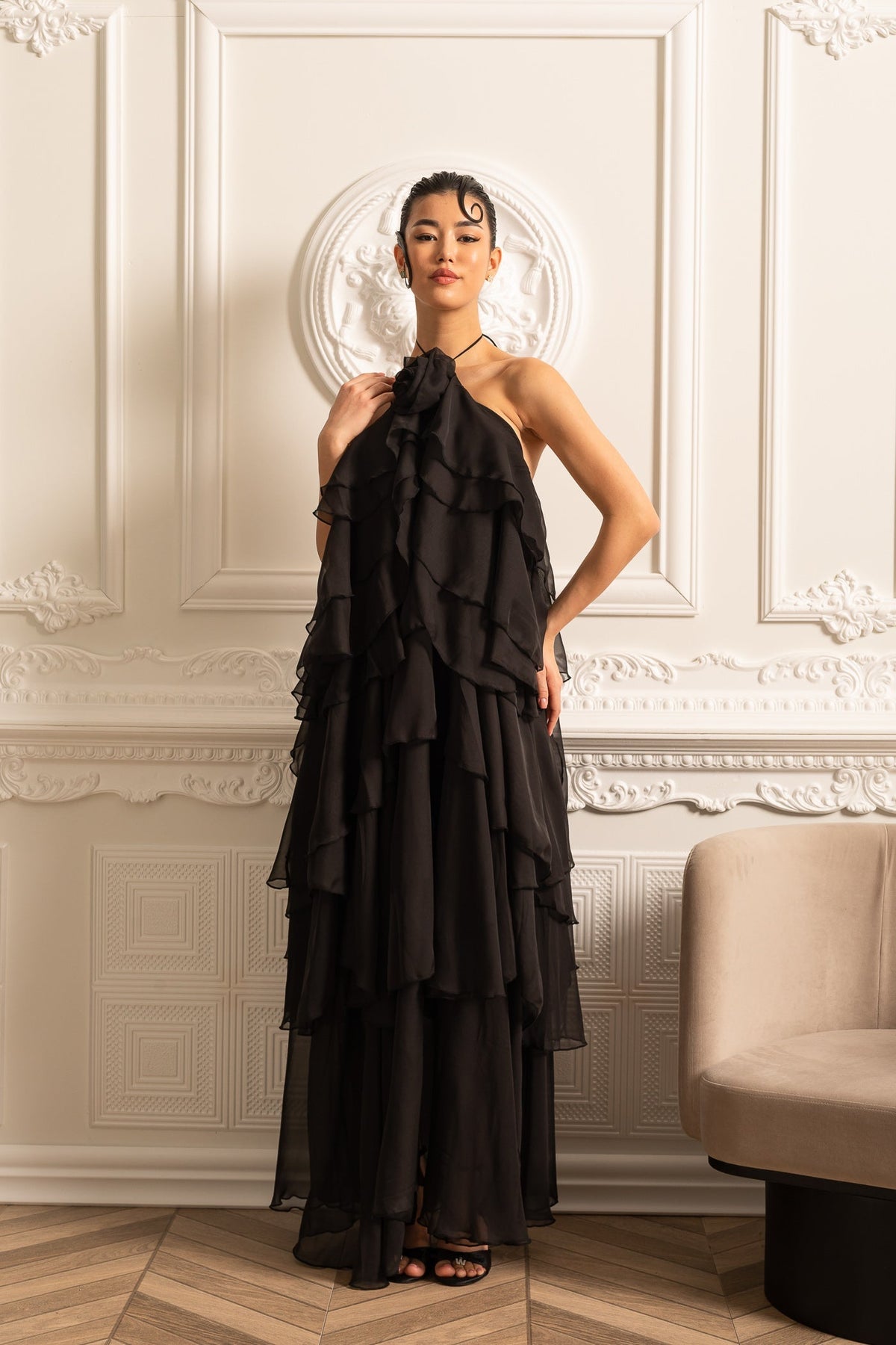 Layered Ruffle Halter Dress With Decorative Neckline Flower - Black