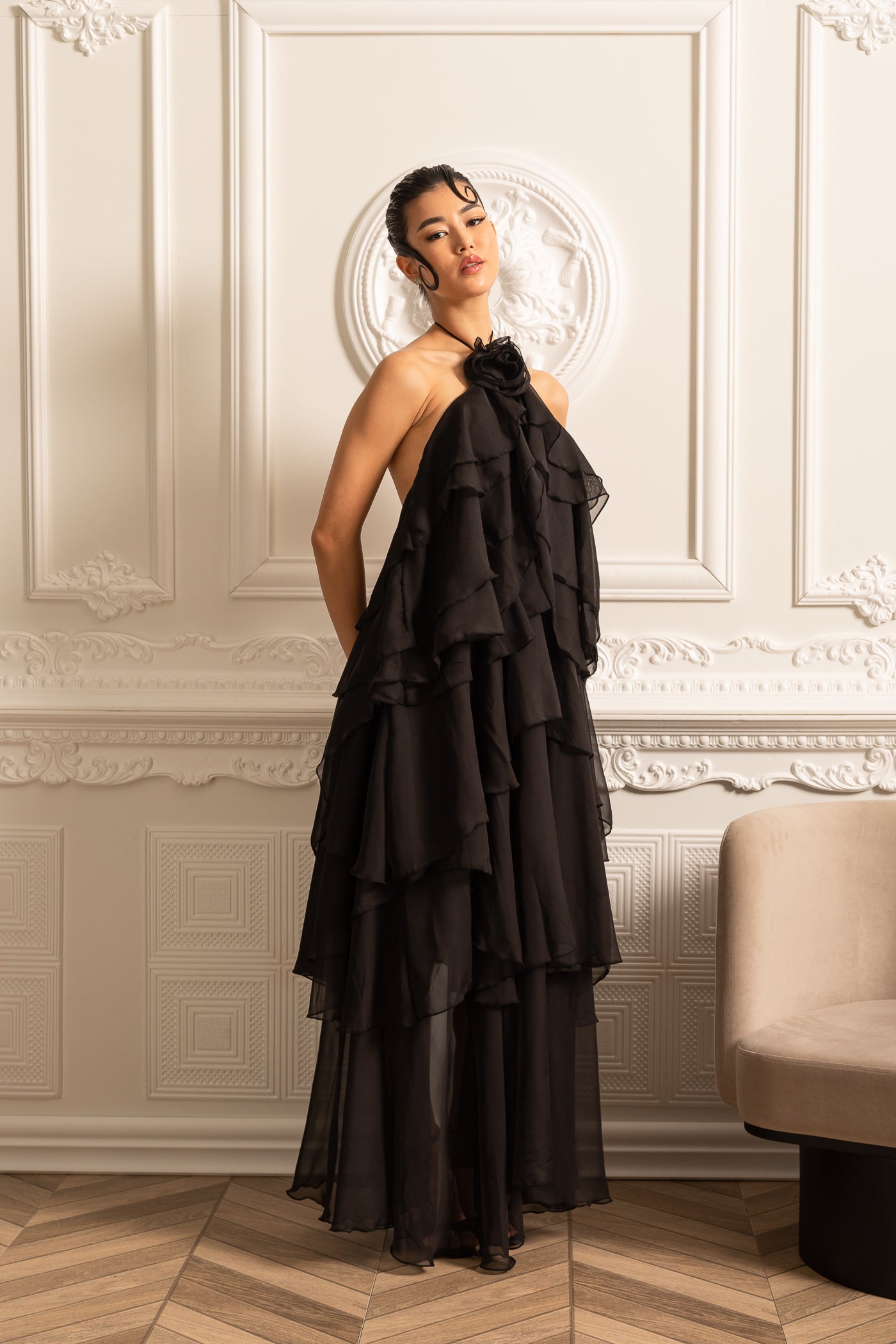 Layered Ruffle Halter Dress With Decorative Neckline Flower - Black