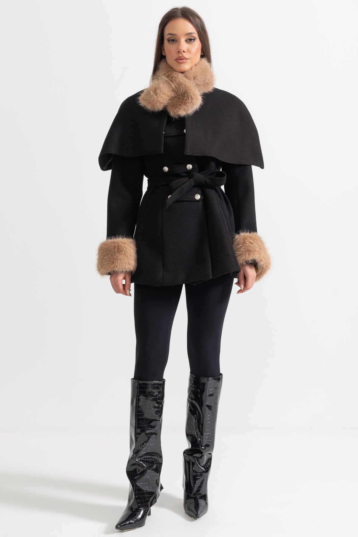 Double-Breasted Coat With Detachable Cape - Black