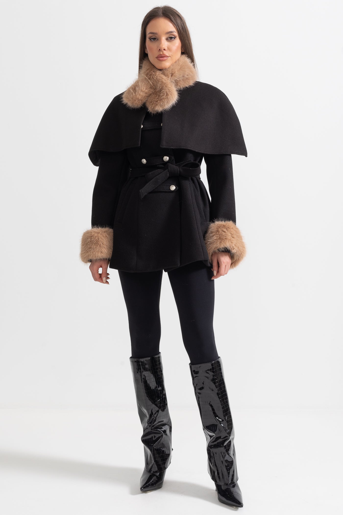 Double-Breasted Coat With Detachable Cape - Black