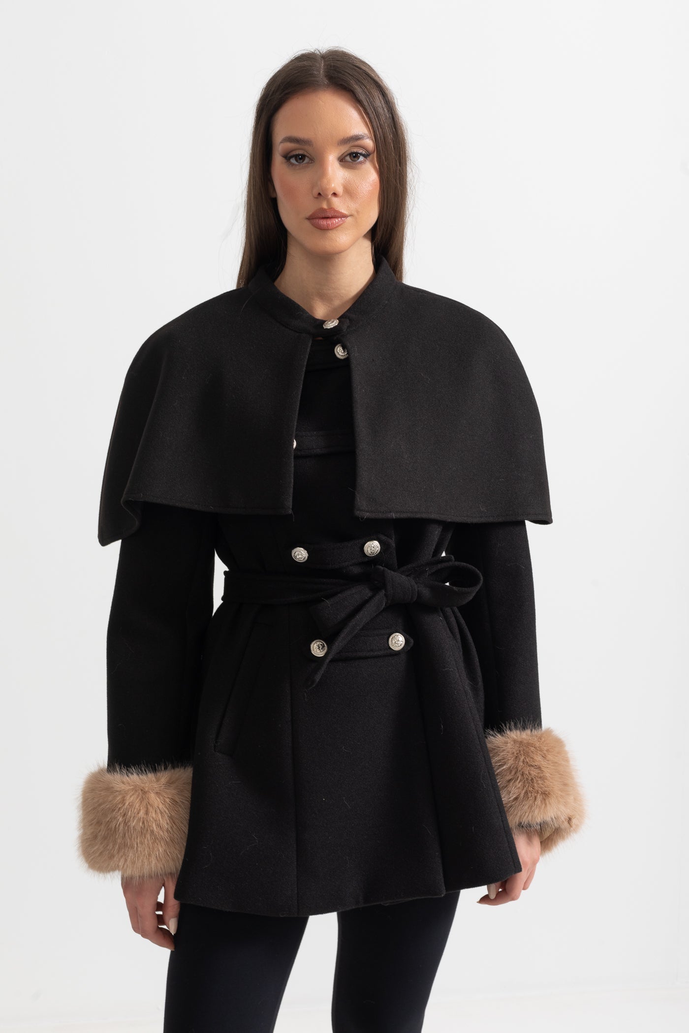 Double-Breasted Coat With Detachable Cape - Black