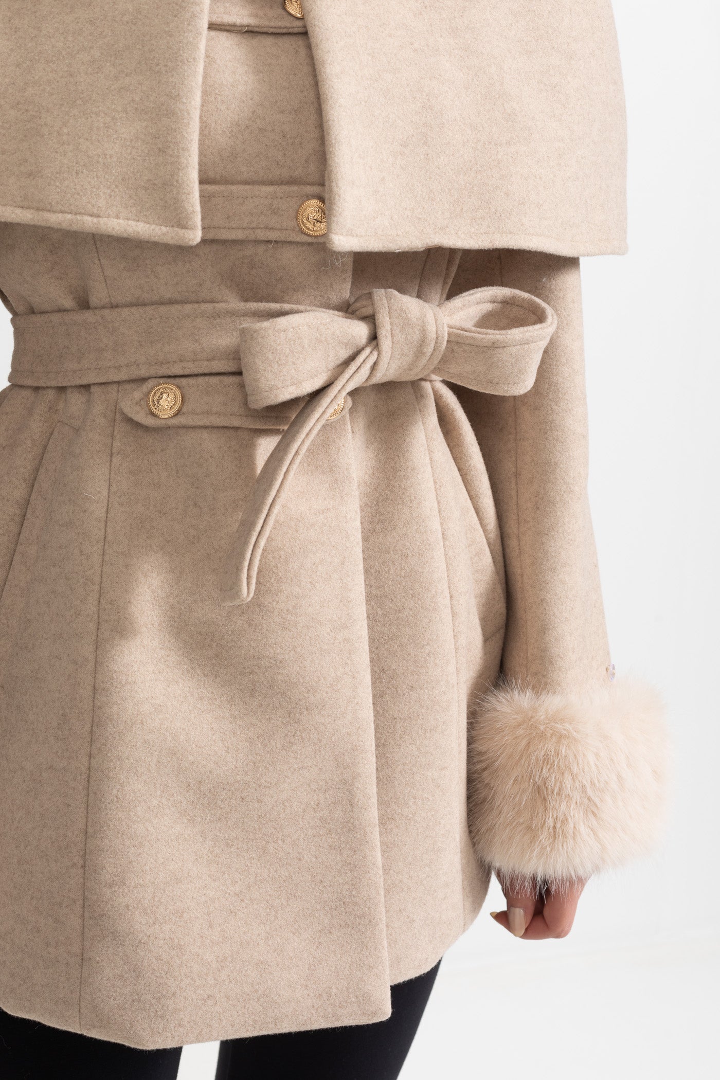 Double-Breasted Coat With Detachable Cape - Beige