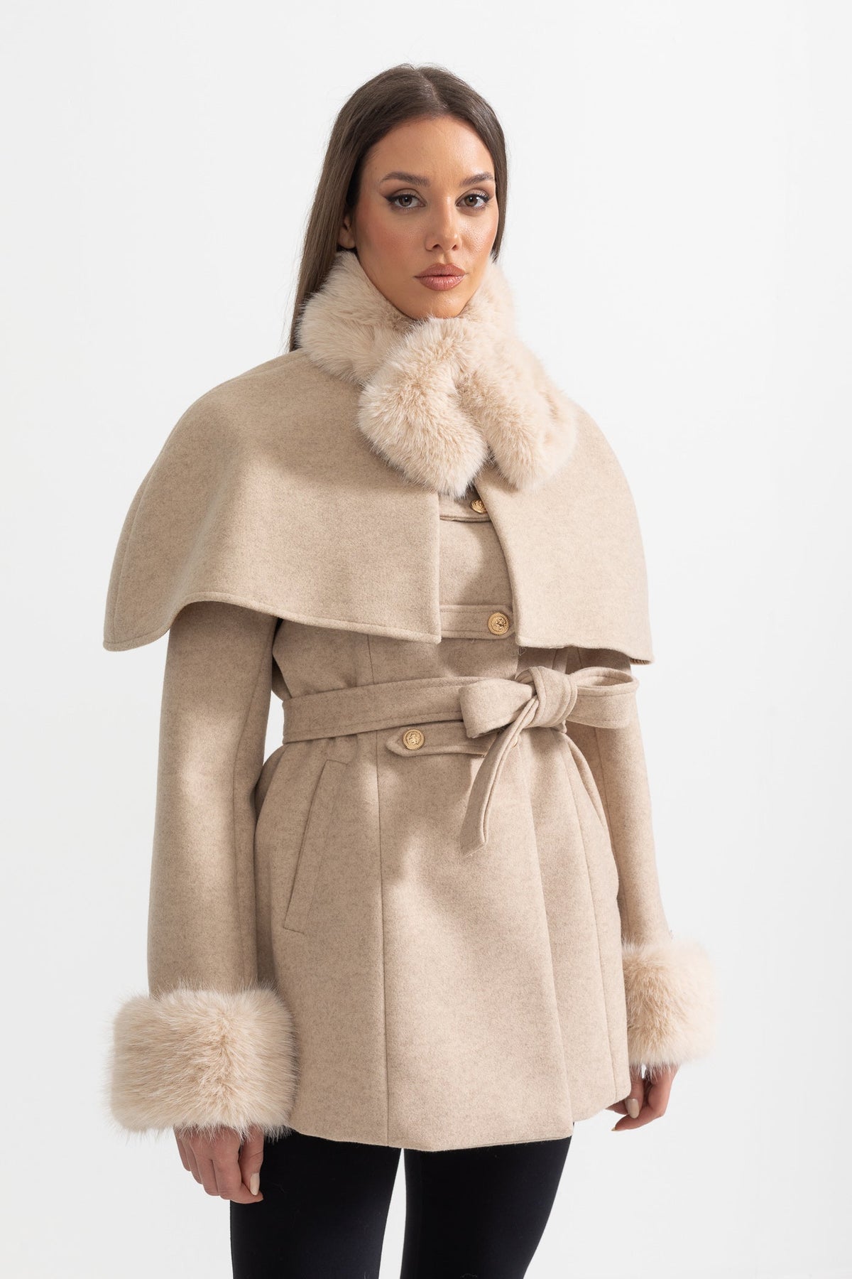 Double-Breasted Coat With Detachable Cape - Beige
