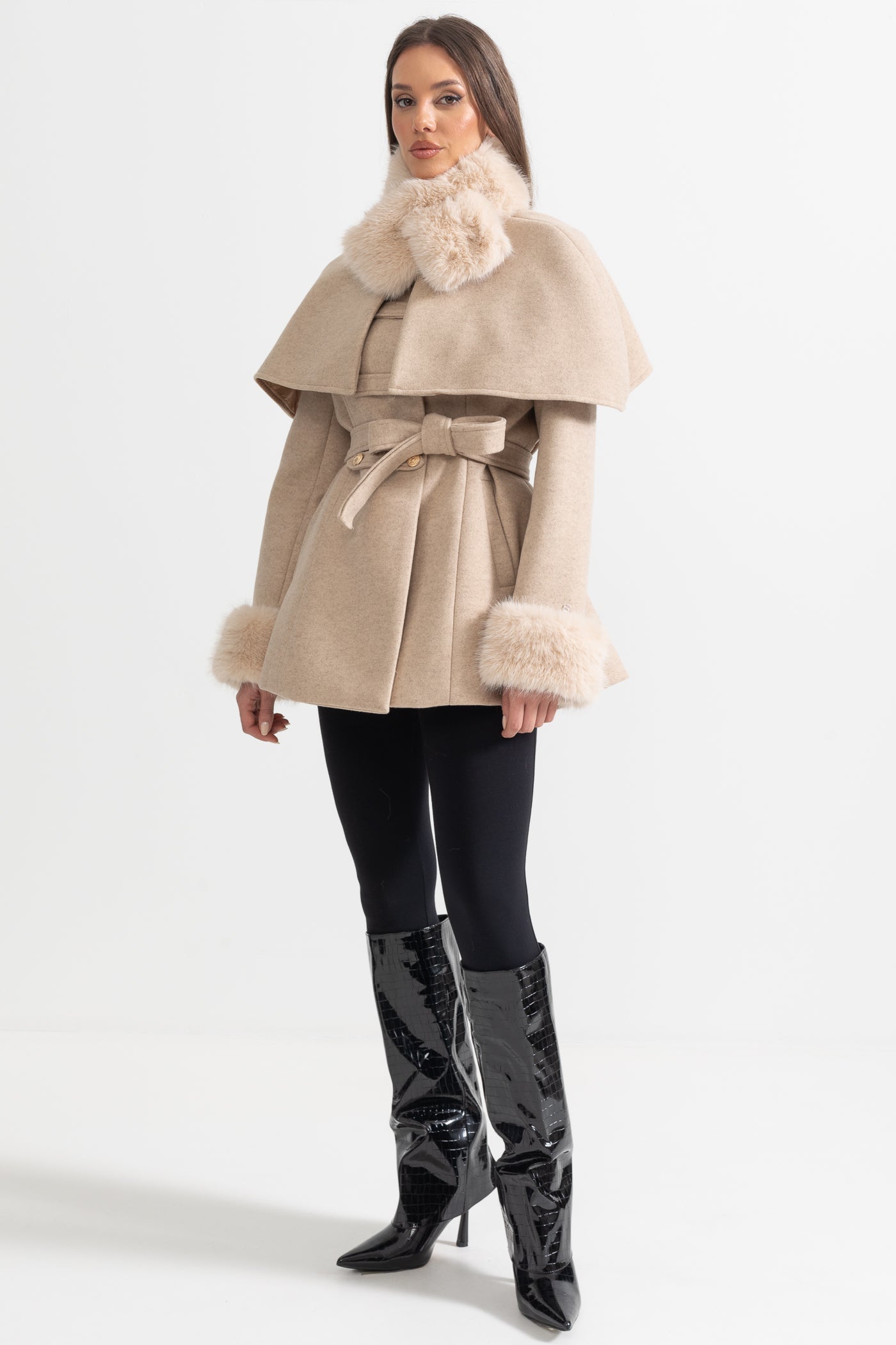 Double-Breasted Coat With Detachable Cape - Beige