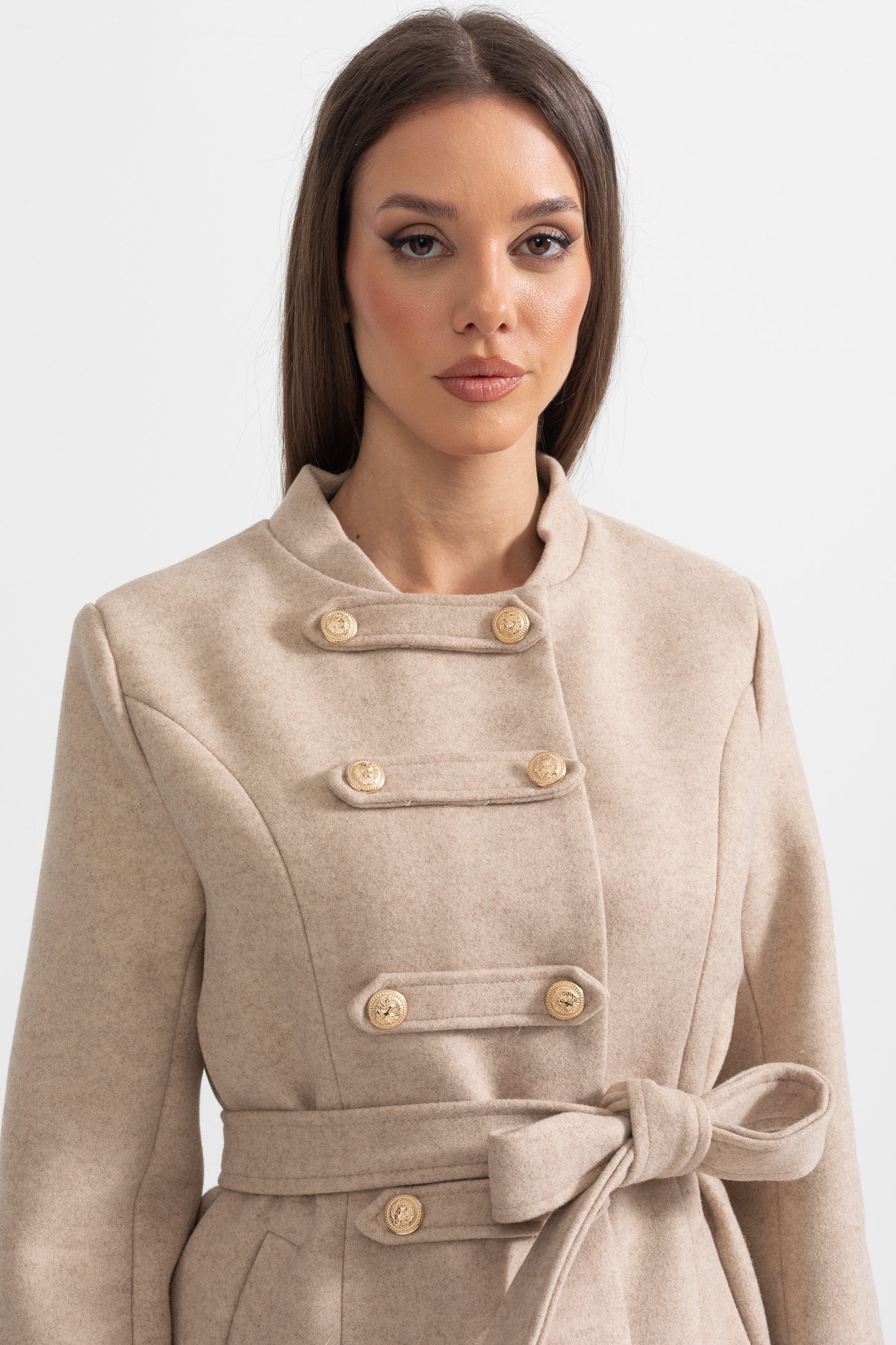 Double-Breasted Coat With Detachable Cape - Beige