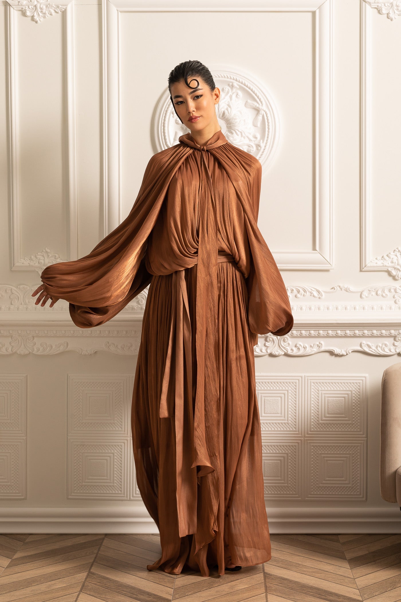 Elegant Gown With Voluminous Sleeves And Flowing Silhouette - Brown