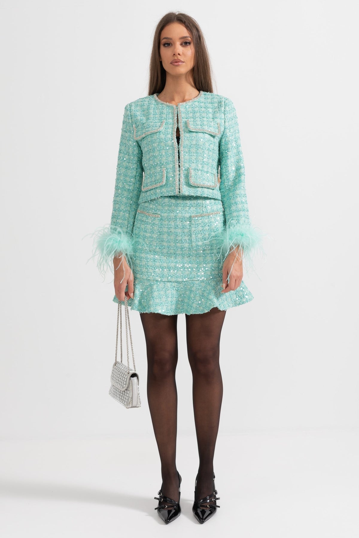 TIFFANY SPARKLING FEATHER EMBELLISHED SKIRT & VEST 2 PIECE CO-ORD - TIFFANY BLUE