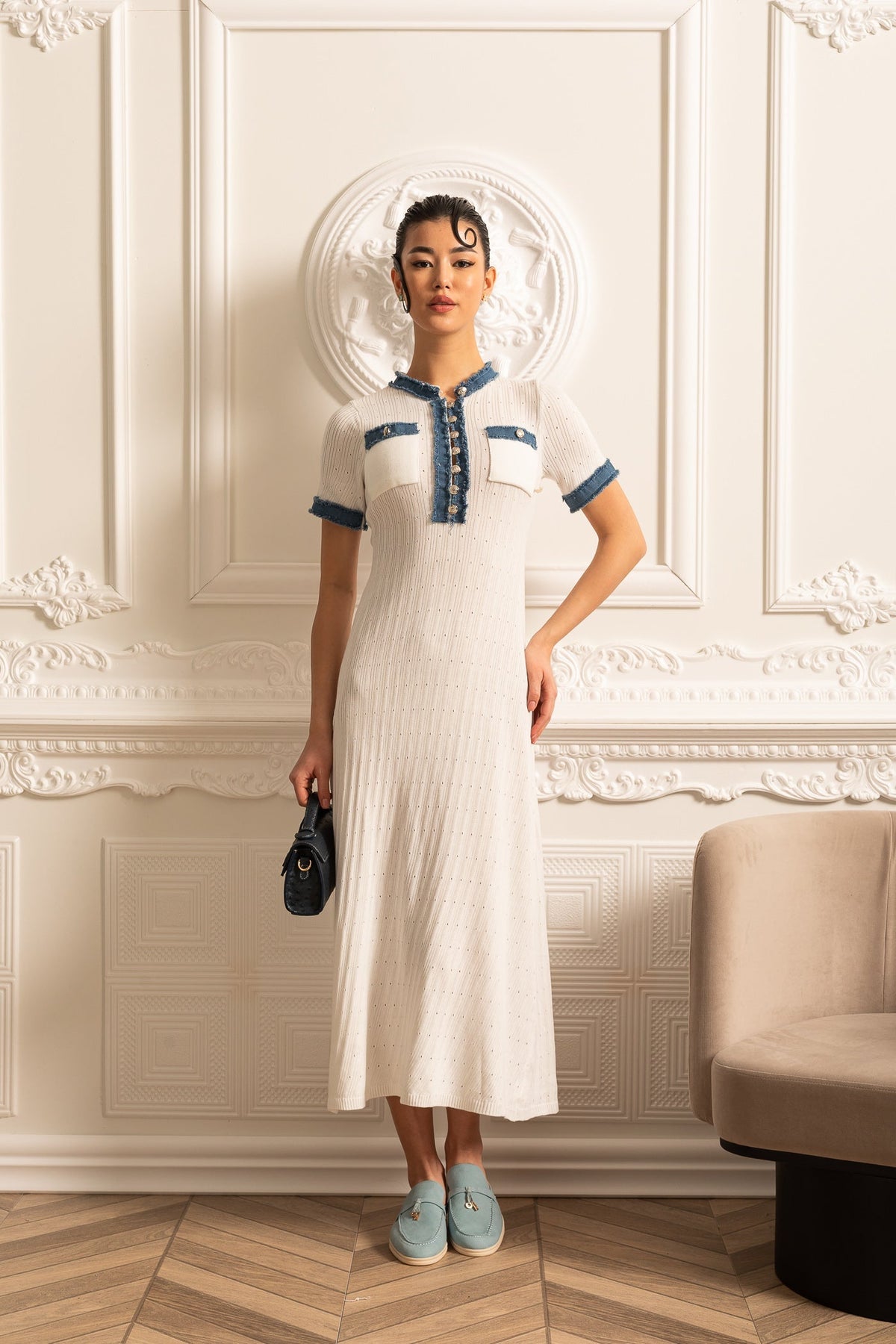 Ribbed Knit Midi Dress - White