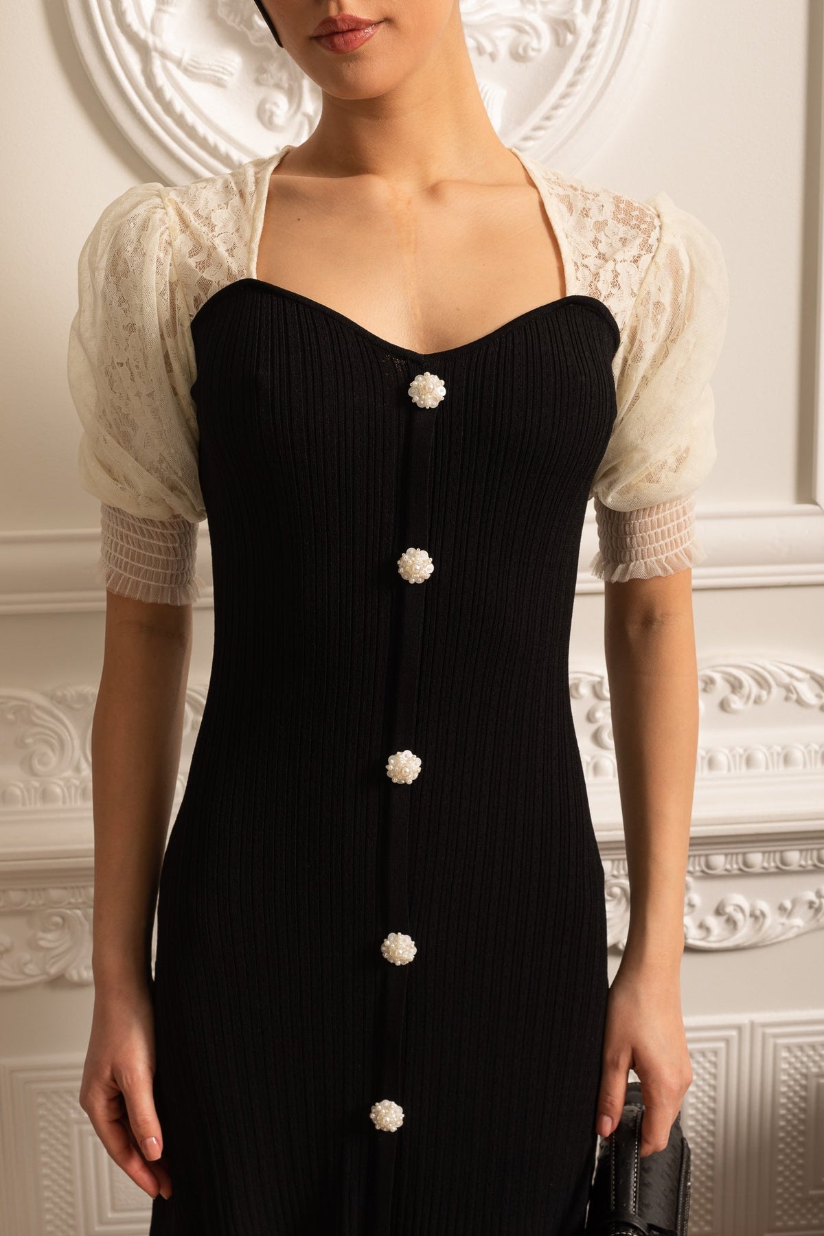 Ankle-Length Dress With Contrasting Sheer Lace Sleeves - Black
