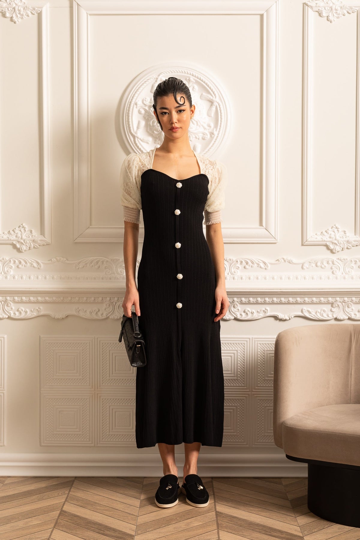 Ankle-Length Dress With Contrasting Sheer Lace Sleeves - Black