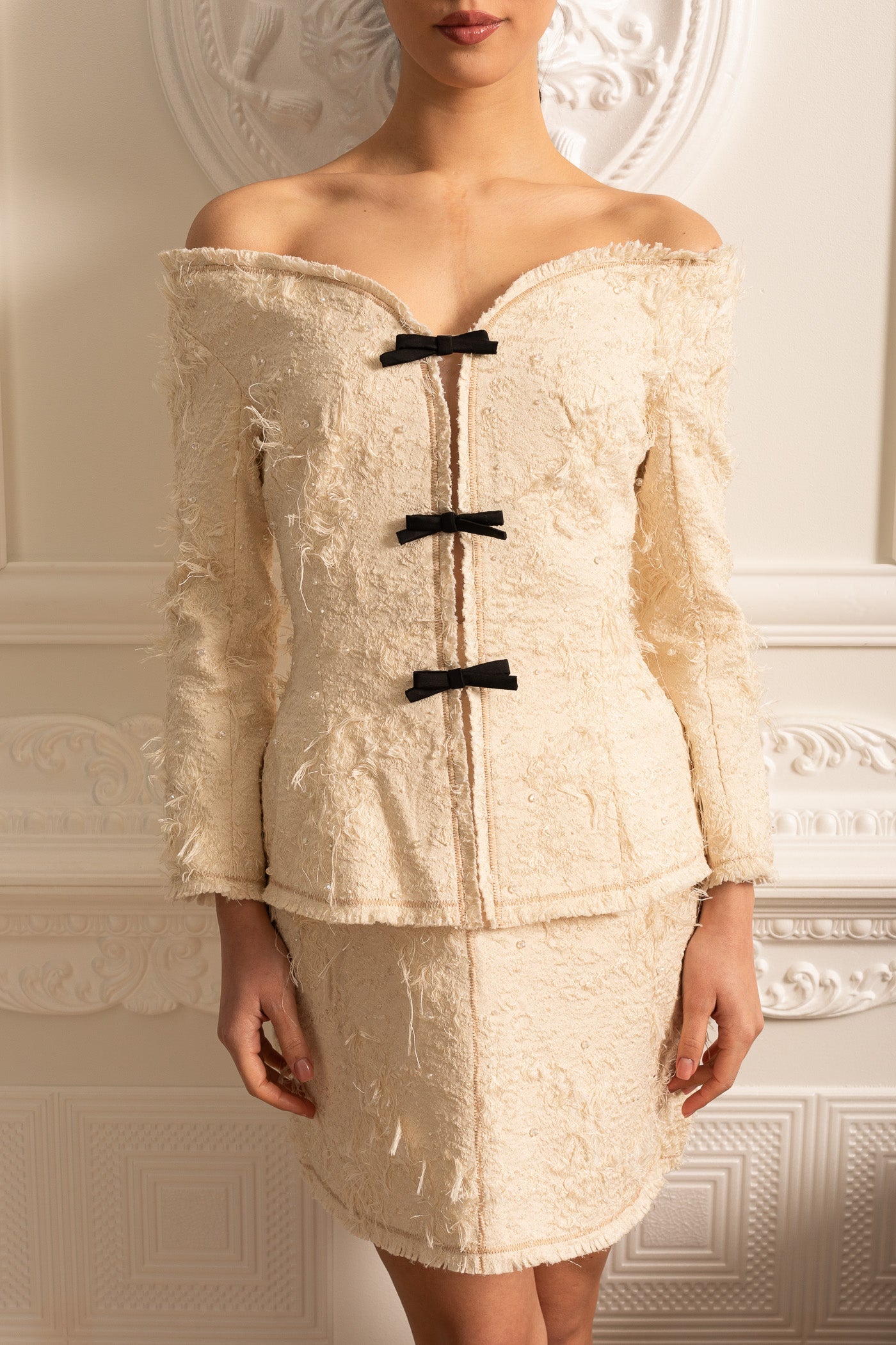 Textured Off-Shoulder Co-ord With Black Bow Accents - Ivoire