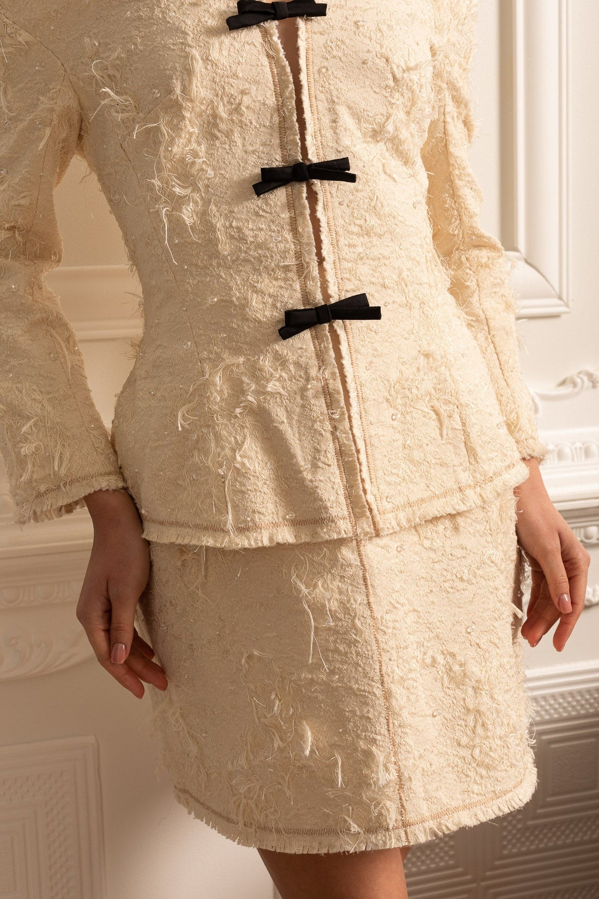 Textured Off-Shoulder Co-ord With Black Bow Accents - Ivoire