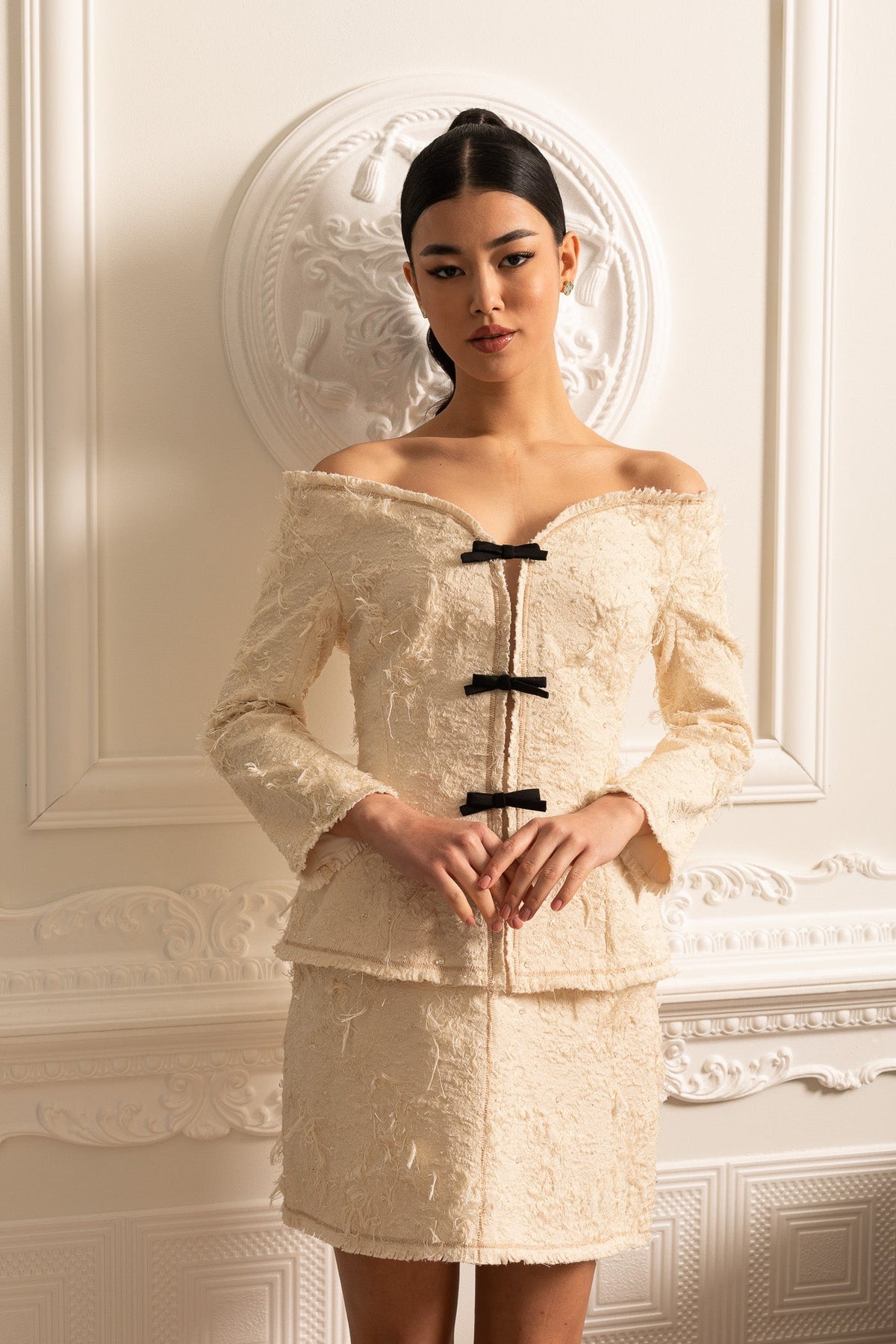 Textured Off-Shoulder Co-ord With Black Bow Accents - Ivoire
