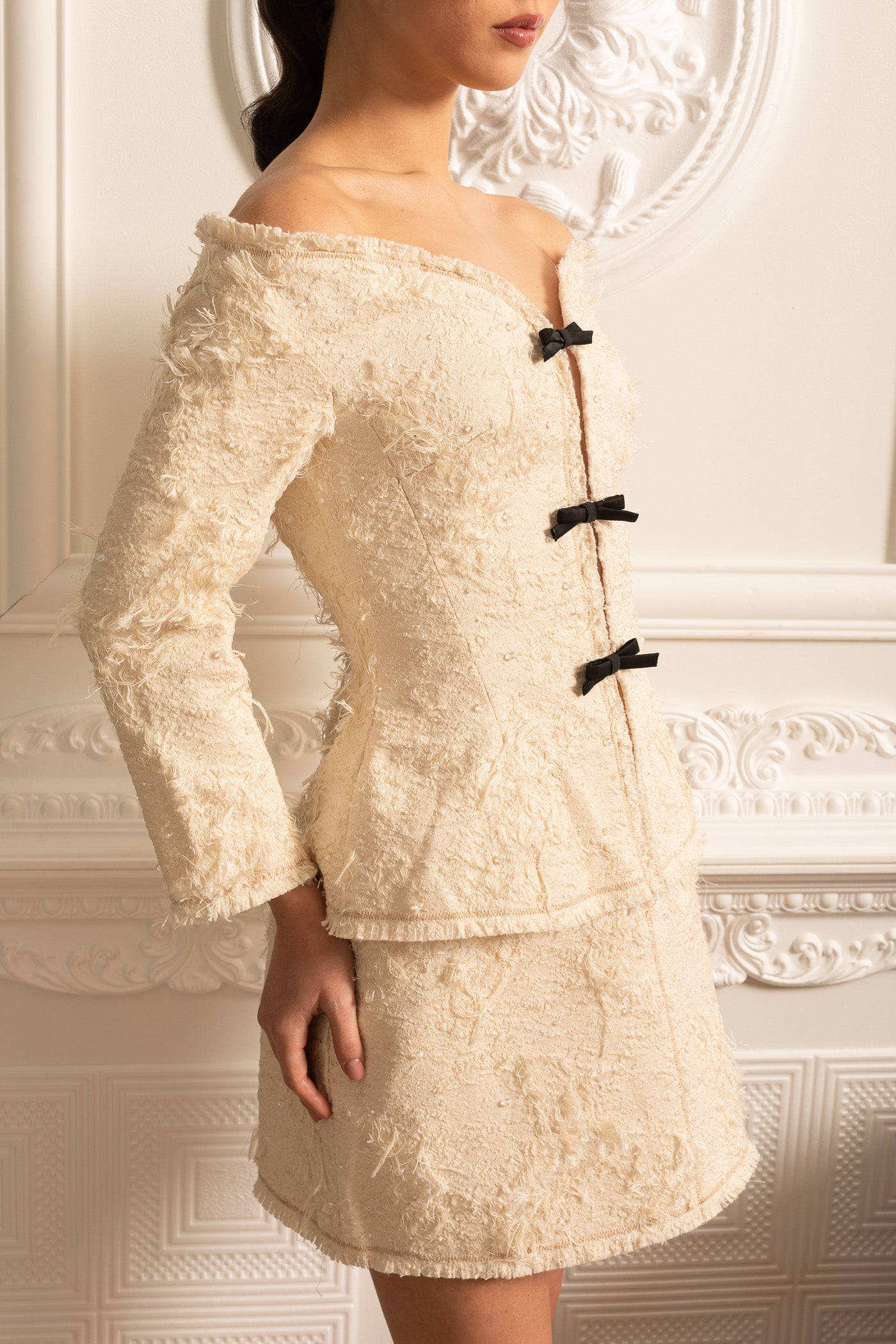 Textured Off-Shoulder Co-ord With Black Bow Accents - Ivoire
