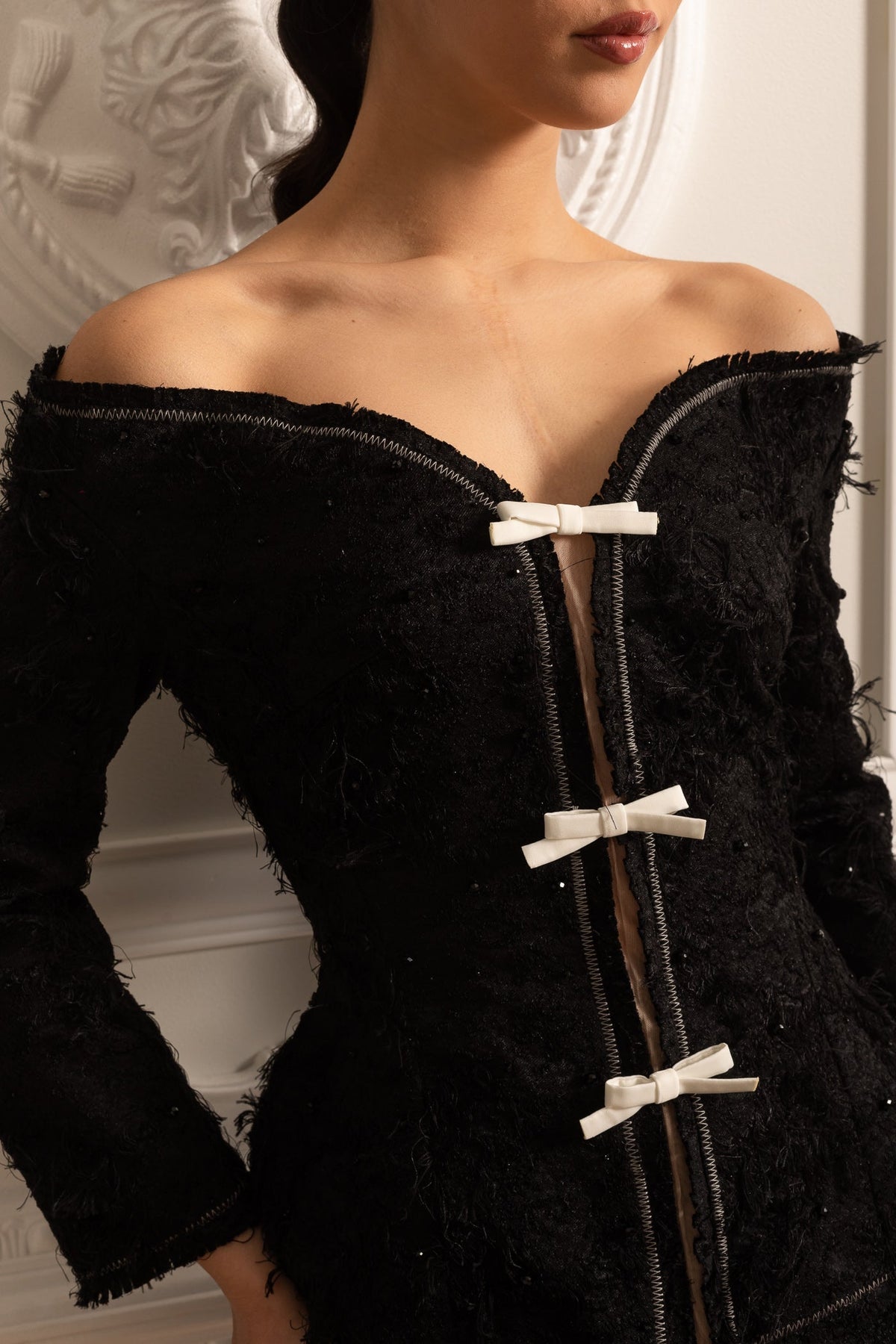 Textured Off-Shoulder Co-ord With White Bow Accents - Black