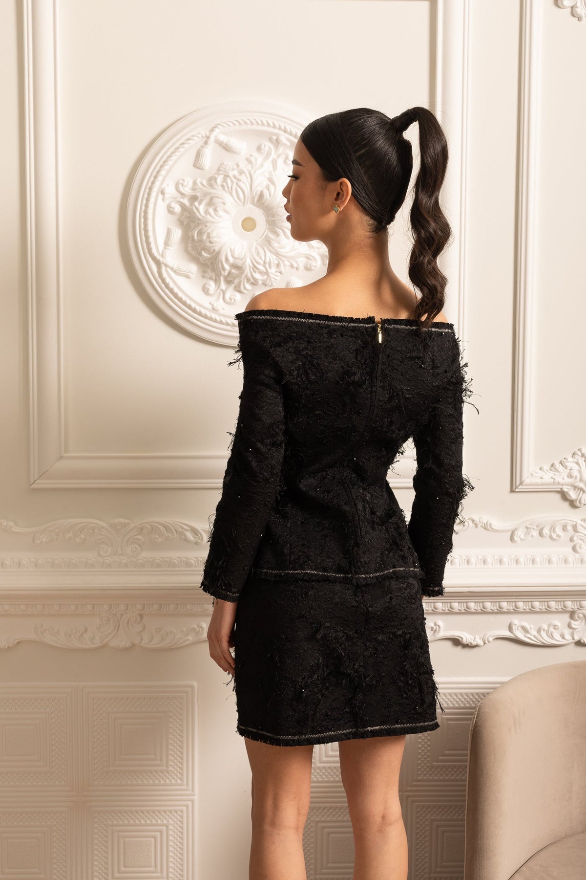 Textured Off-Shoulder Co-ord With White Bow Accents - Black