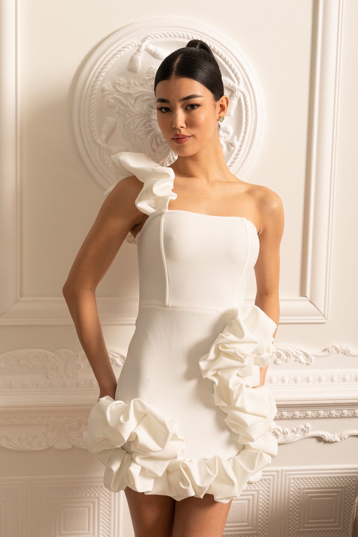 Floral Mini Dress With Ruffled Hem And Shoulder Strap - White