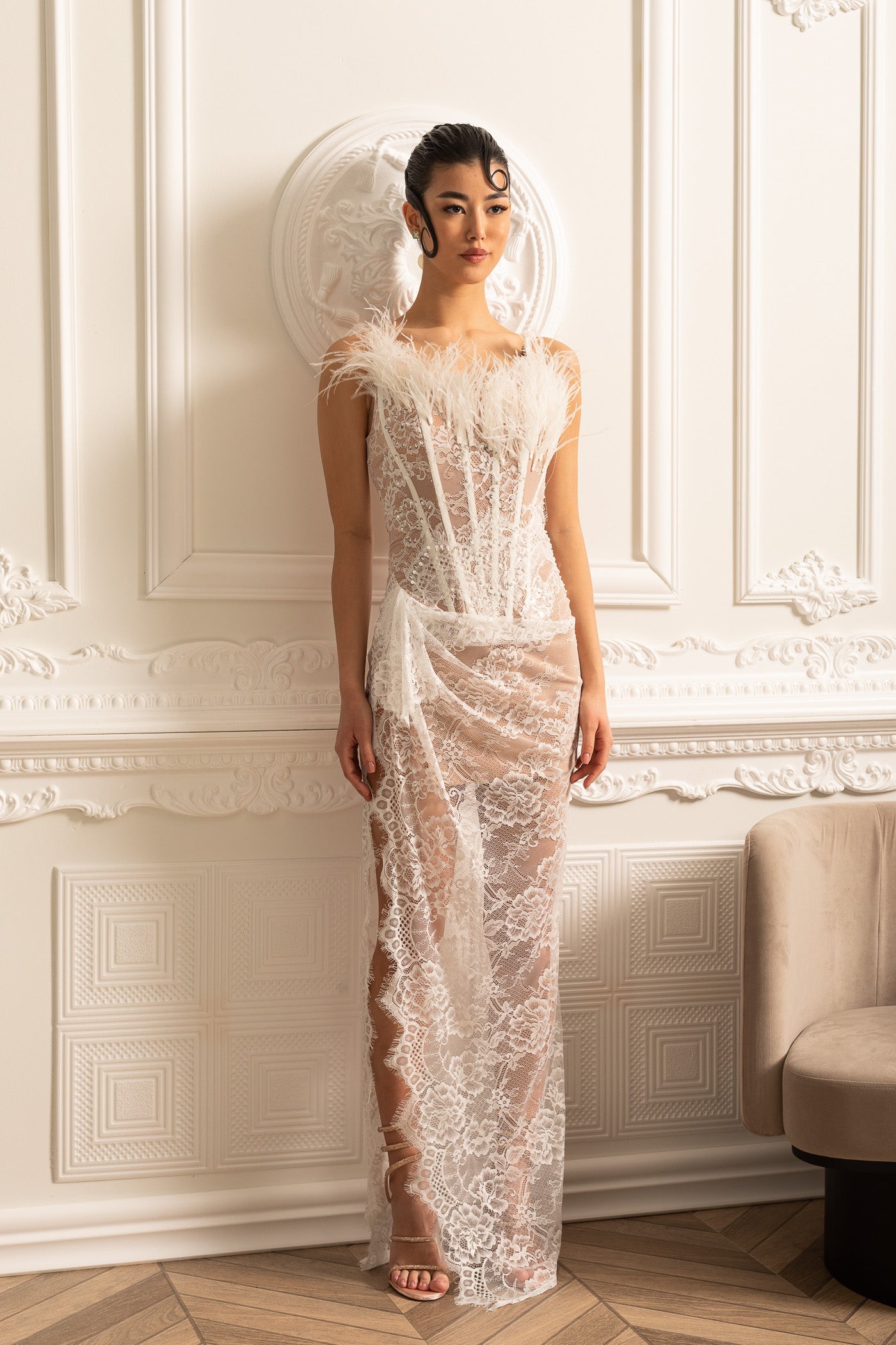 Delicate Lace Gown With Feather Embellished Neckline - White