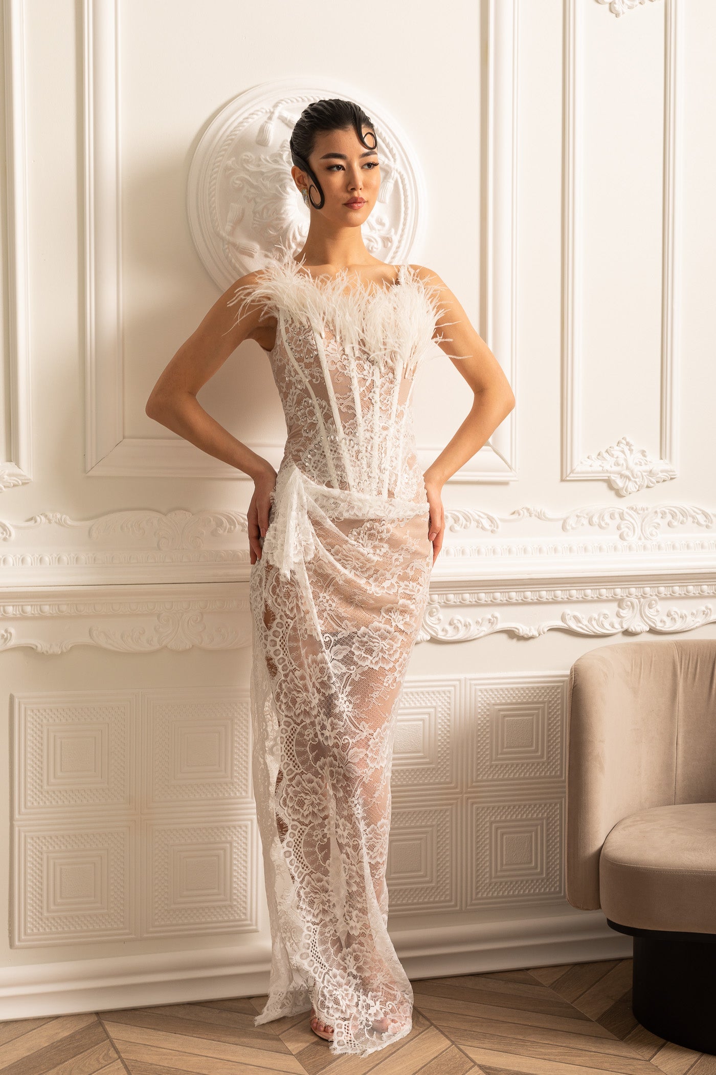 Delicate Lace Gown With Feather Embellished Neckline - White