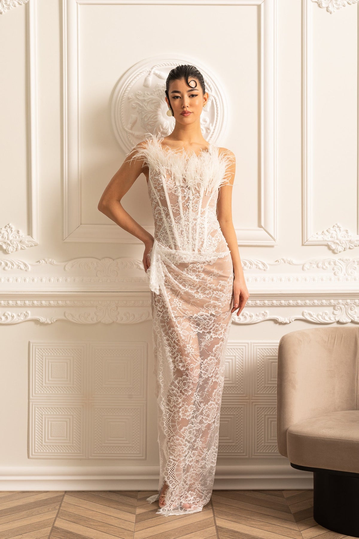Delicate Lace Gown With Feather Embellished Neckline - White