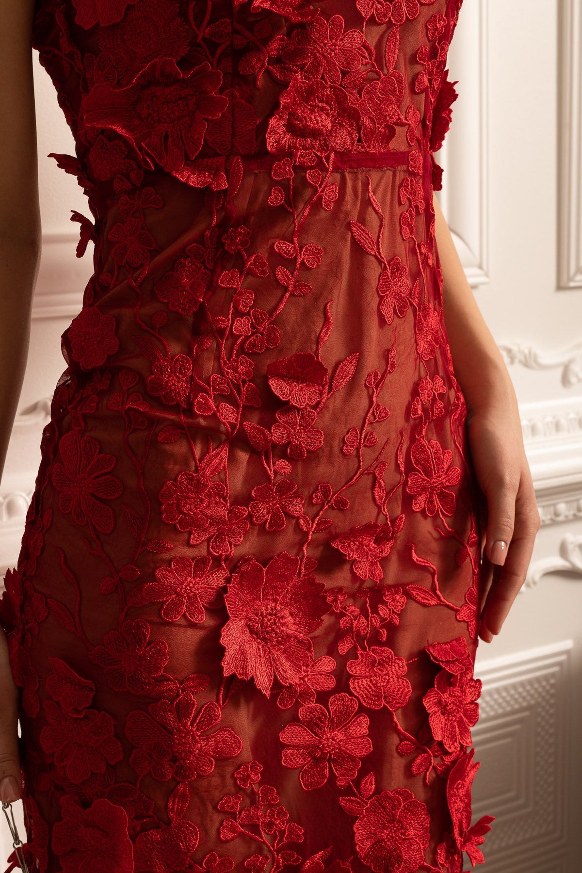 Sheer Embroidered Dress With Intricate Floral Pattern - Red