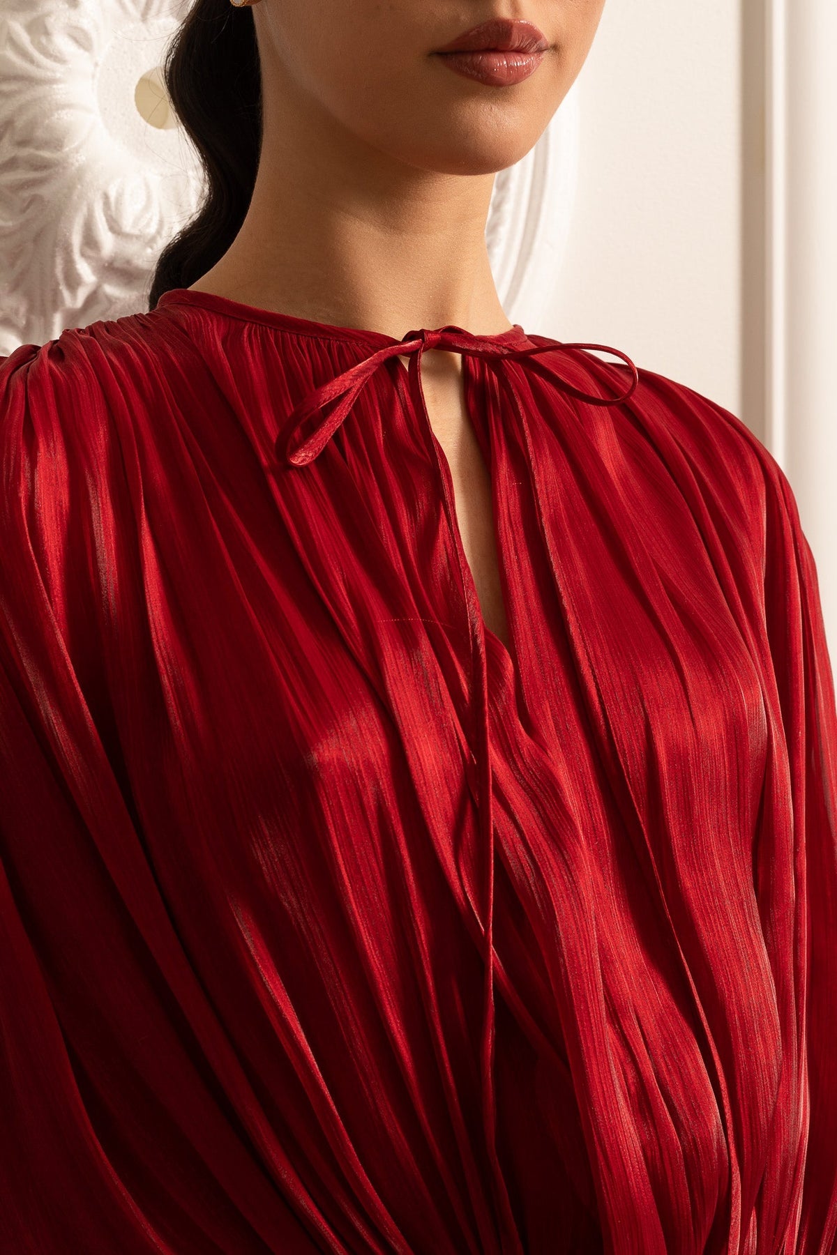 Draped Long-Sleeved Dress with Mini Skirt And Ruched Waistband - Red